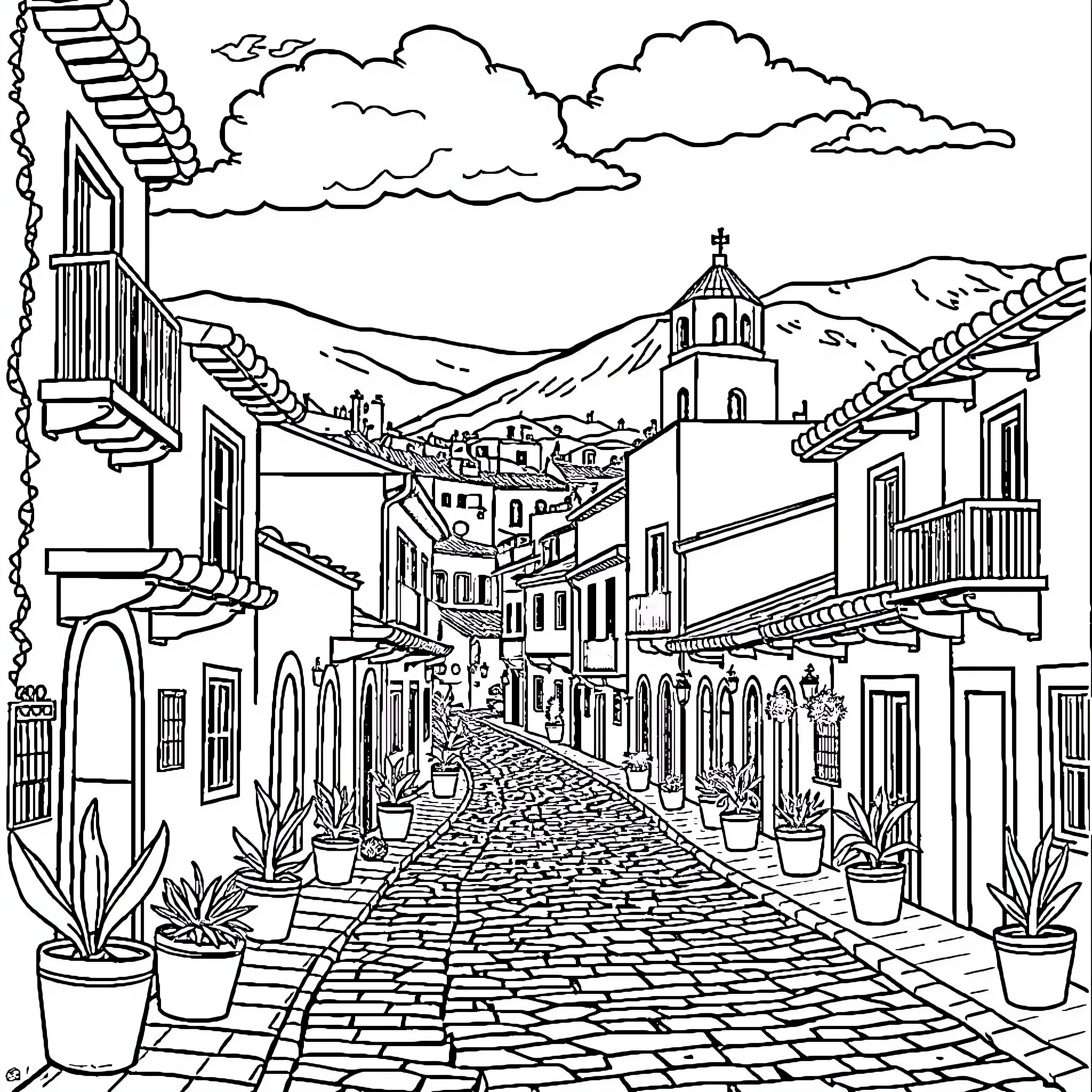 Pueblo landscape with traditional architecture and pathways Coloring Page (free black-and-white line drawing printable PDF for all, from beginners to advanced learners, including children, teens, adults, and seniors)