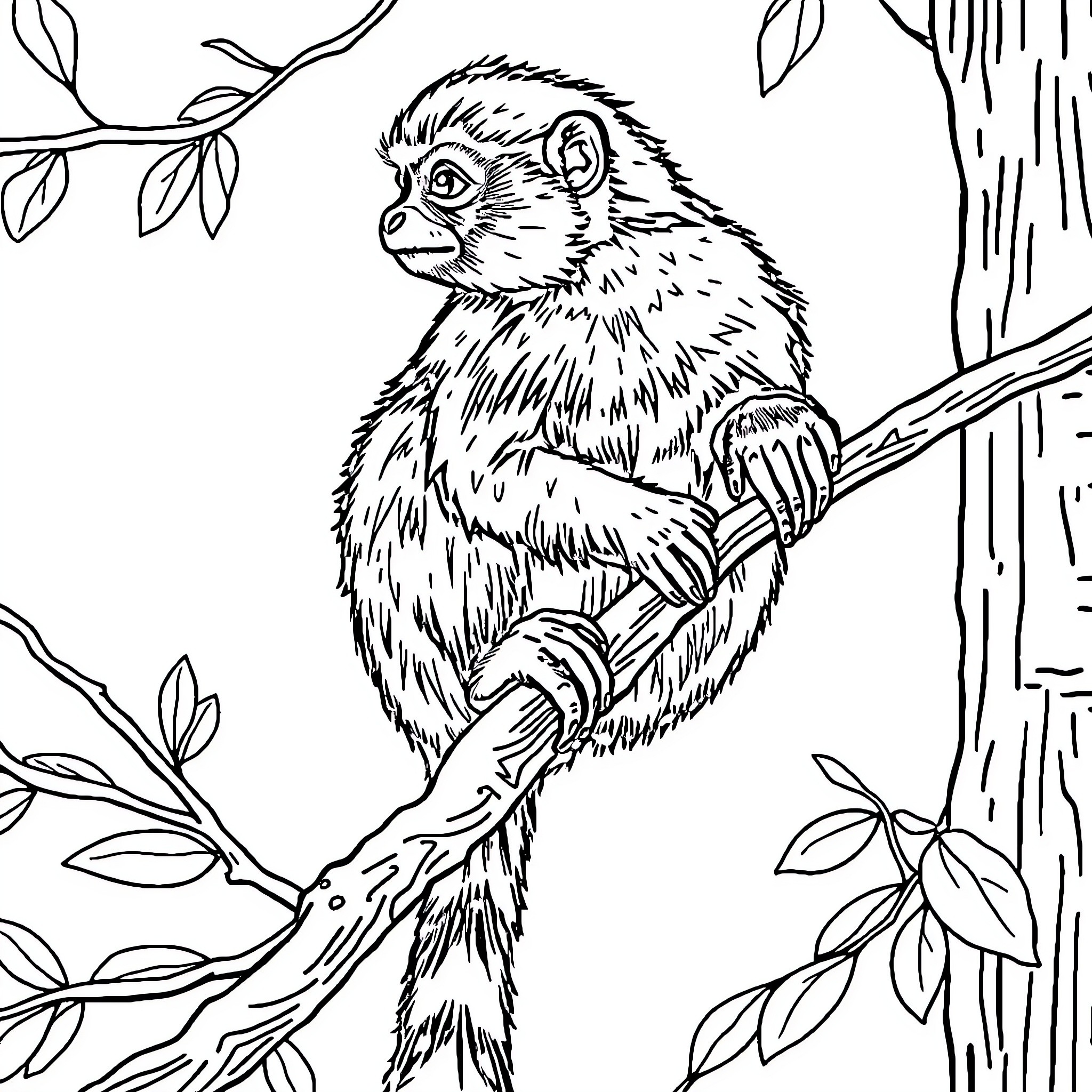 Monkey sitting on a tree branch Coloring Page (free black-and-white line drawing printable PDF for all, from beginners to advanced learners, including children, teens, adults, and seniors)