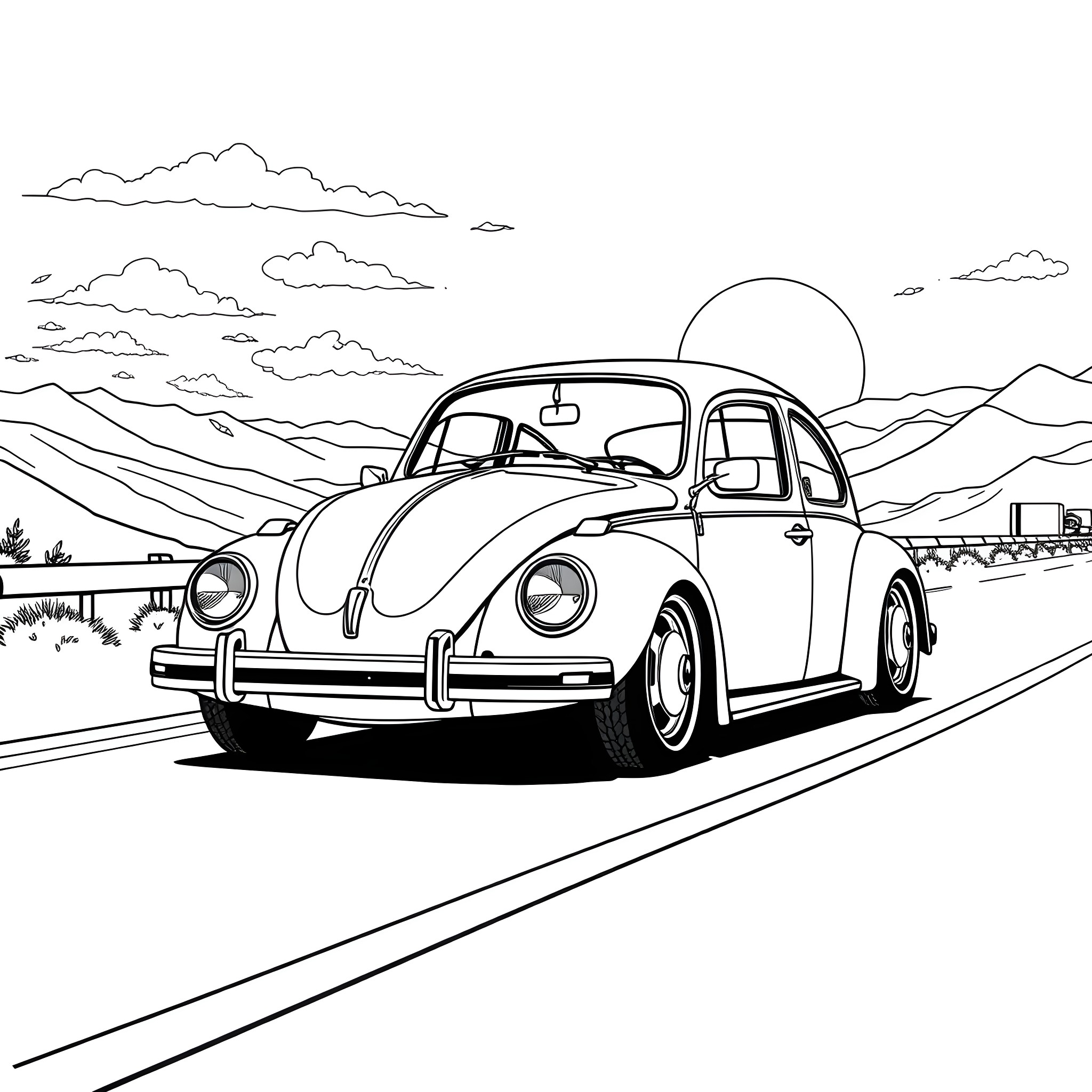 Volkswagen Bug on a Scenic Mountain Road Coloring Page (free black-and-white line drawing printable PDF for all, from beginners to advanced learners, including children, teens, adults, and seniors)