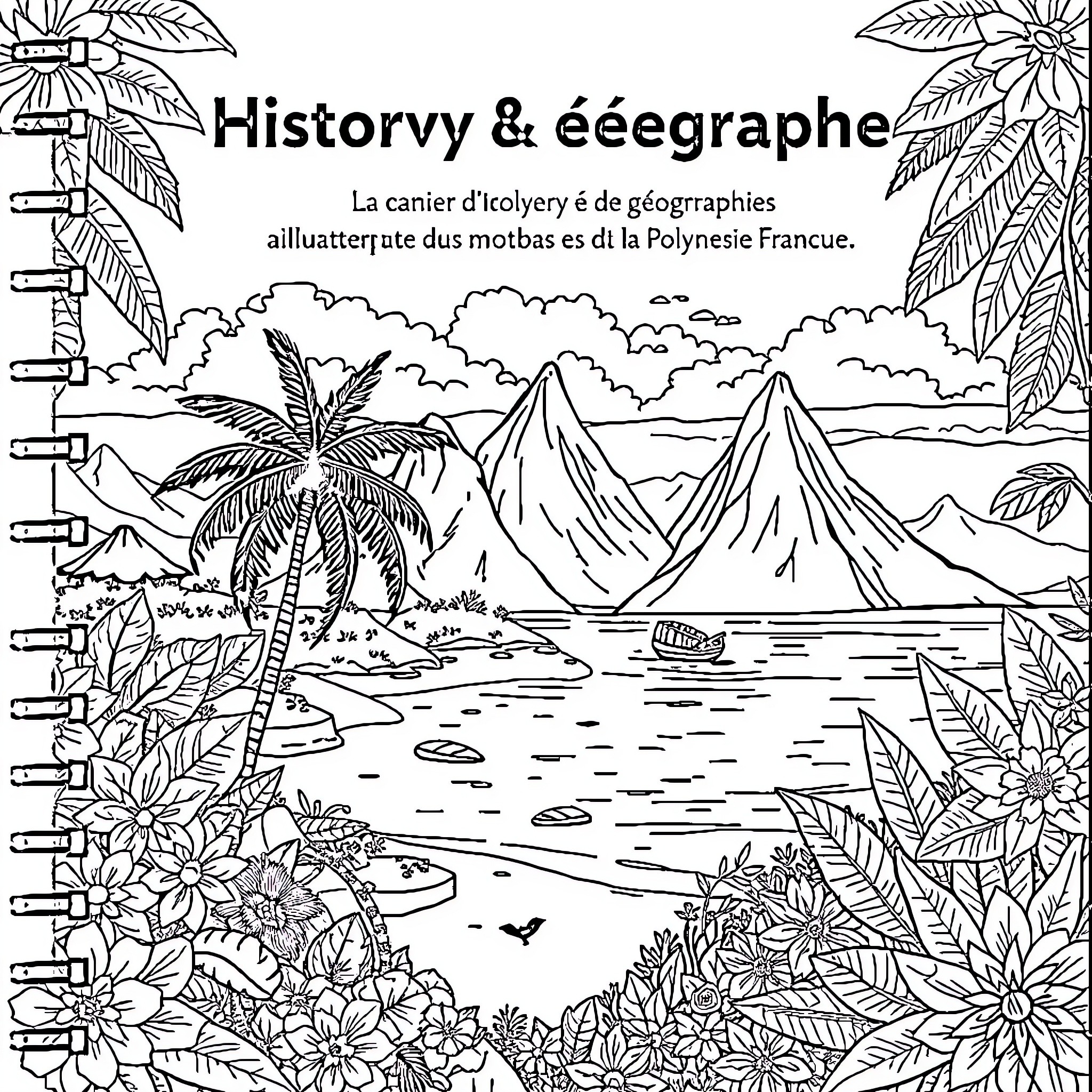 Polynesia: Mountainous Tropical Landscape with Lush Vegetation Coloring Page (free black-and-white line drawing printable PDF for all, from beginners to advanced learners, including children, teens, adults, and seniors)