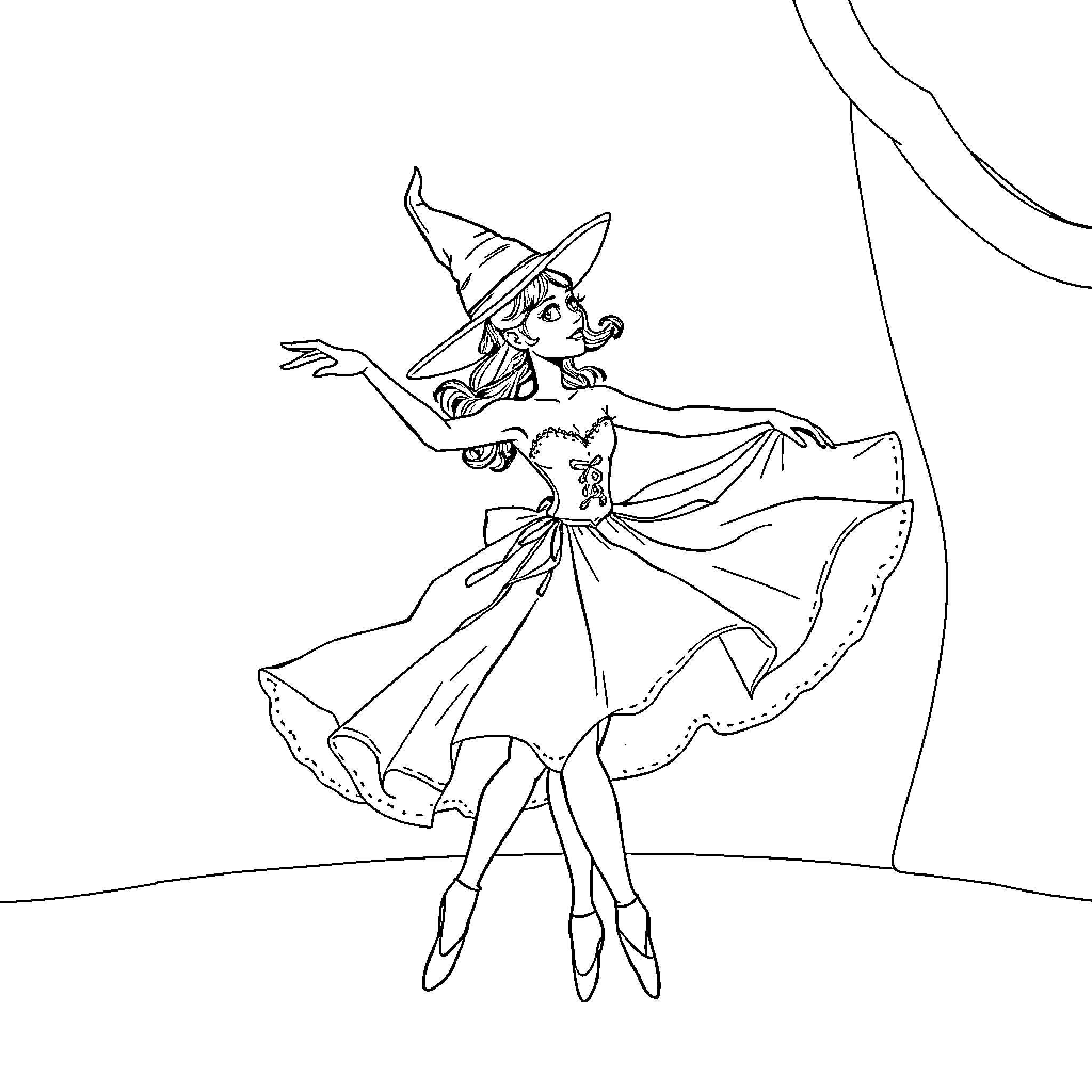 Galinda performing gracefully in an ethereal costume Coloring Page (free black-and-white line drawing printable PDF for all, from beginners to advanced learners, including children, teens, adults, and seniors)