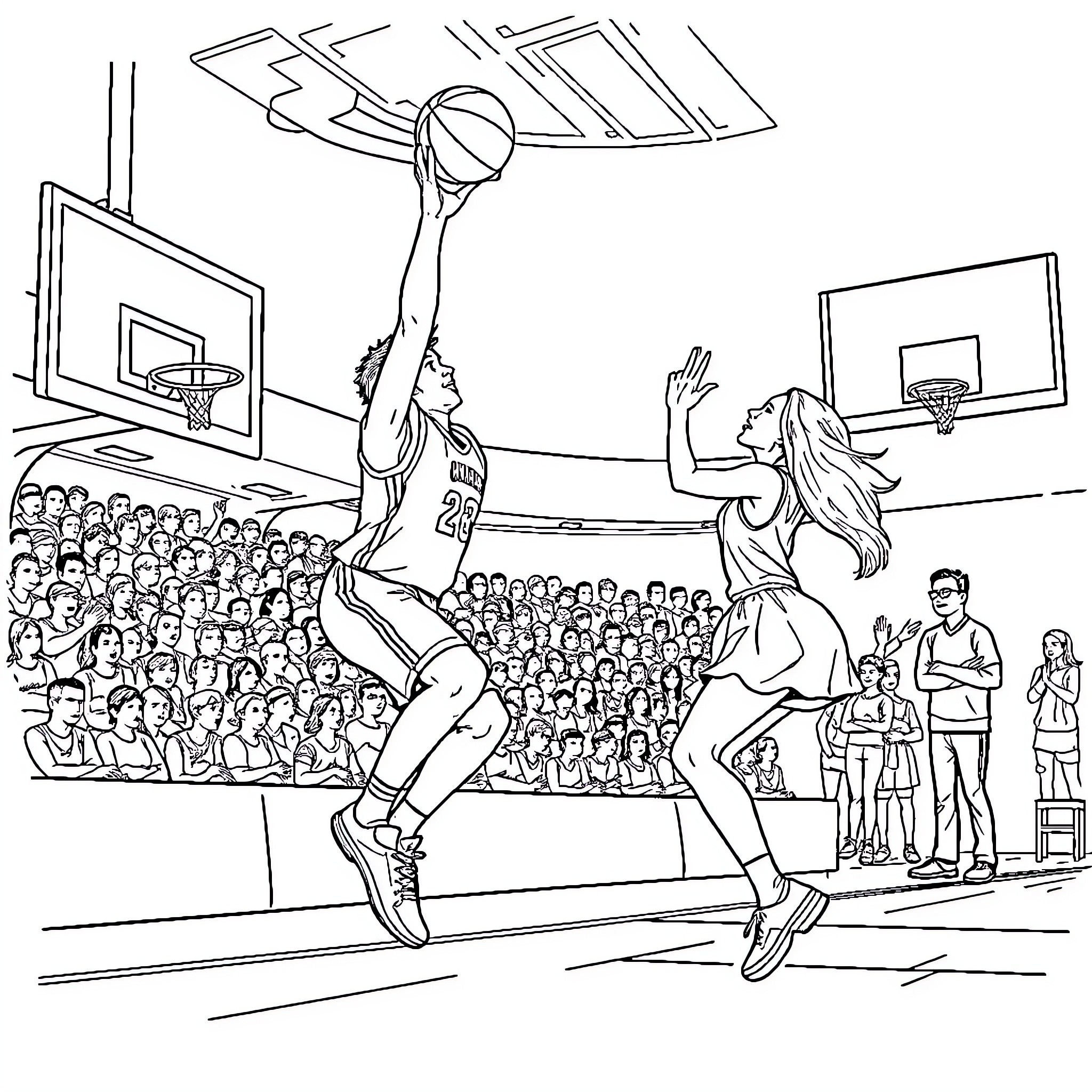 Man performing slam dunk in basketball game Coloring Page (free black-and-white line drawing printable PDF for all, from beginners to advanced learners, including children, teens, adults, and seniors)