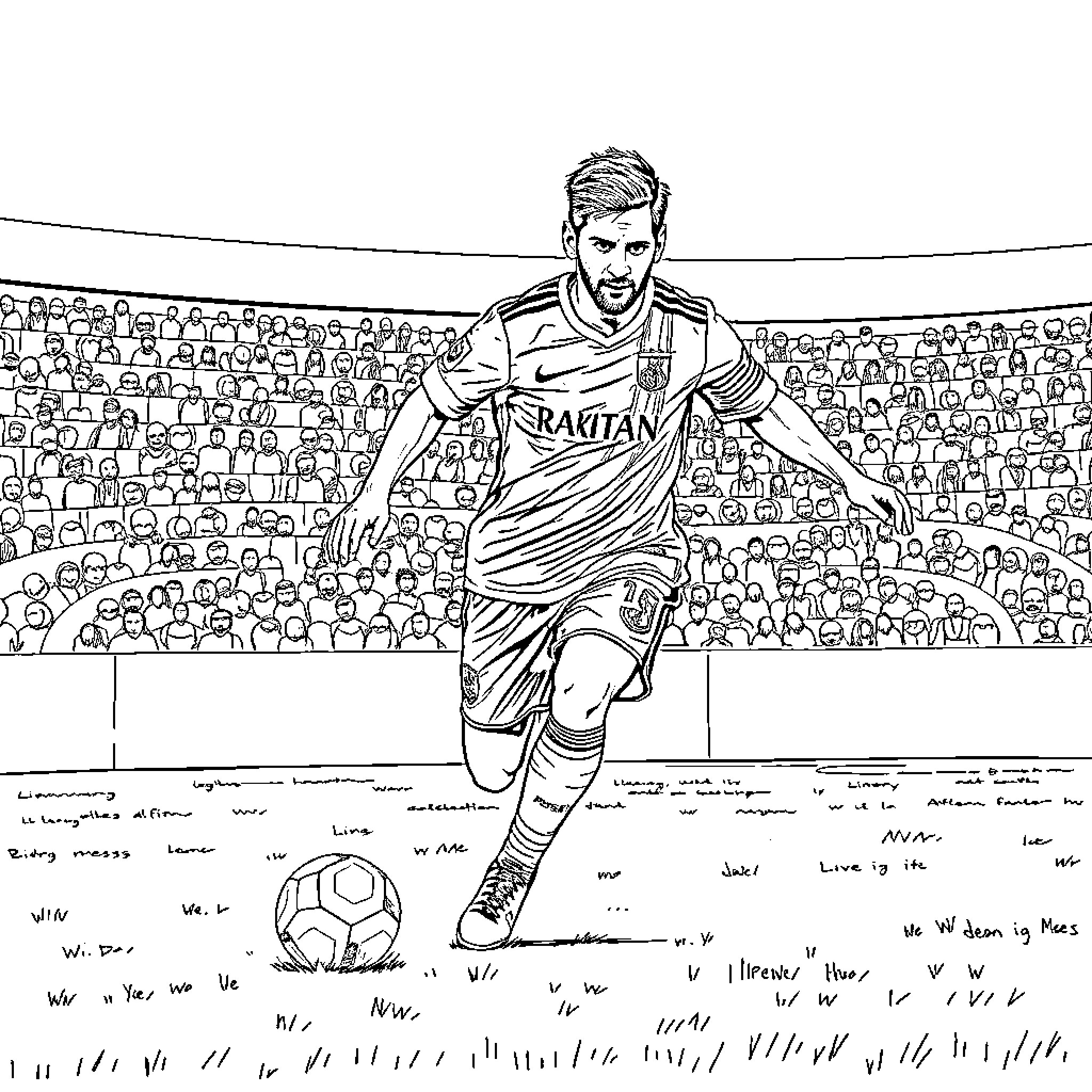 Messi Dribbling on the Pitch with Fans Cheering Coloring Page (free black-and-white line drawing printable PDF for all, from beginners to advanced learners, including children, teens, adults, and seniors)