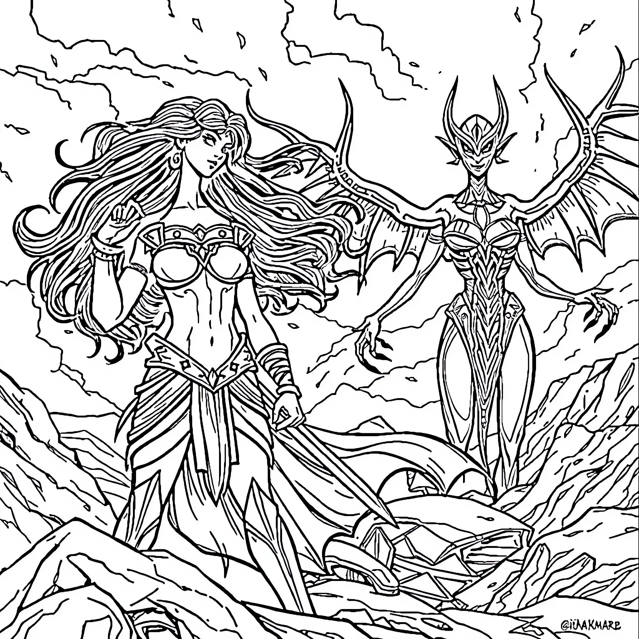 Andromeda Shun's Confrontation with a Powerful Foe Coloring Page (free black-and-white line drawing printable PDF for all, from beginners to advanced learners, including children, teens, adults, and seniors)