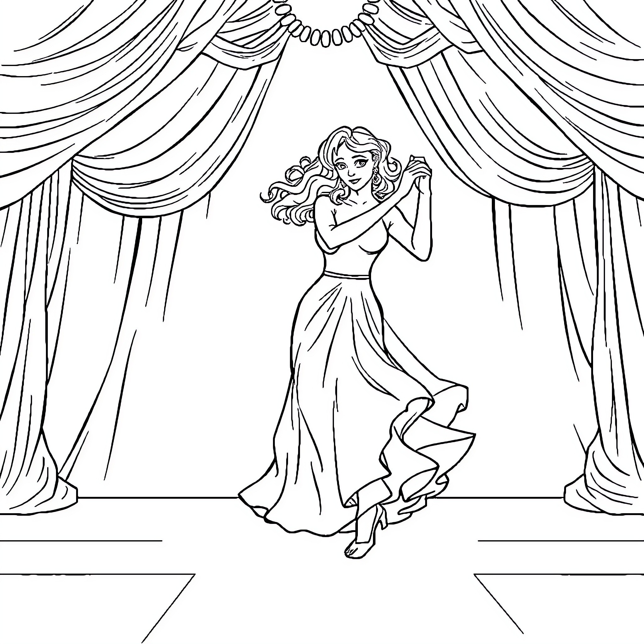 Catwoman performing on a stage Coloring Page (free black-and-white line drawing printable PDF for all, from beginners to advanced learners, including children, teens, adults, and seniors)