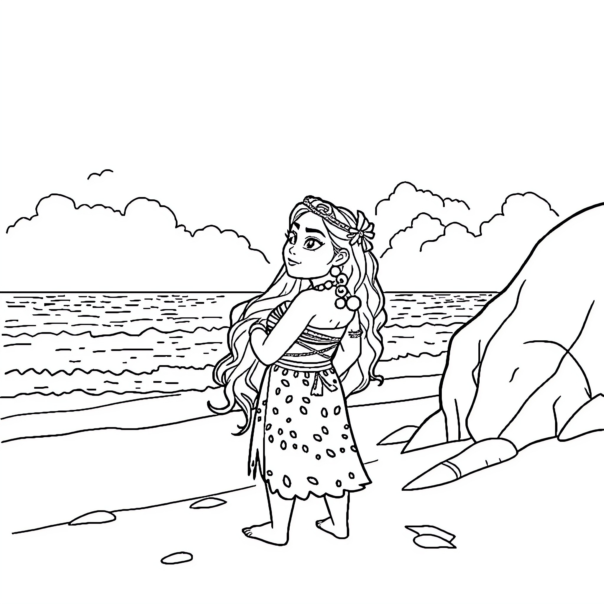 Moana explores the island's coastline Coloring Page (free black-and-white line drawing printable PDF for all, from beginners to advanced learners, including children, teens, adults, and seniors)