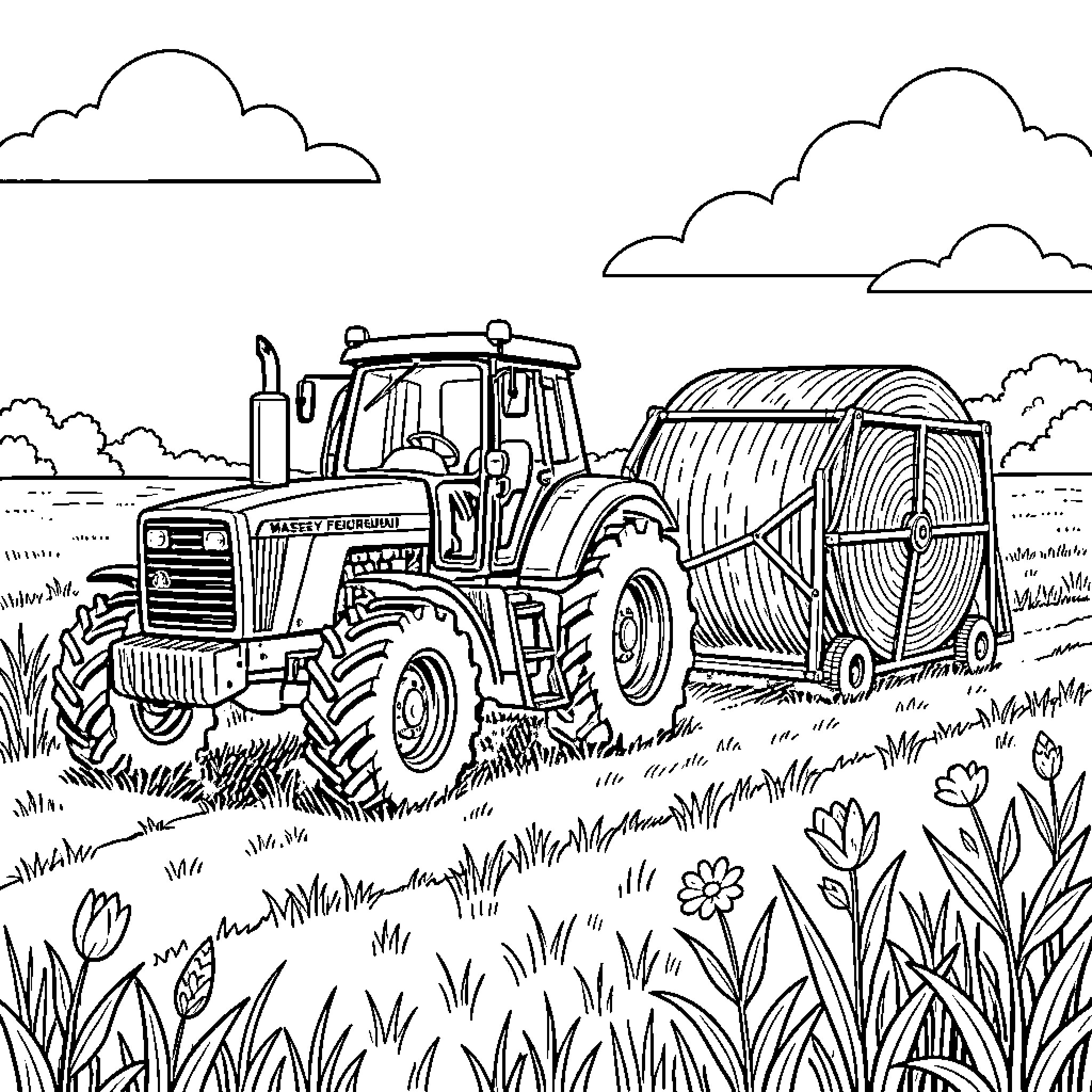 Tractor pulling a large bale through a field Coloring Page (free black-and-white line drawing printable PDF for all, from beginners to advanced learners, including children, teens, adults, and seniors)