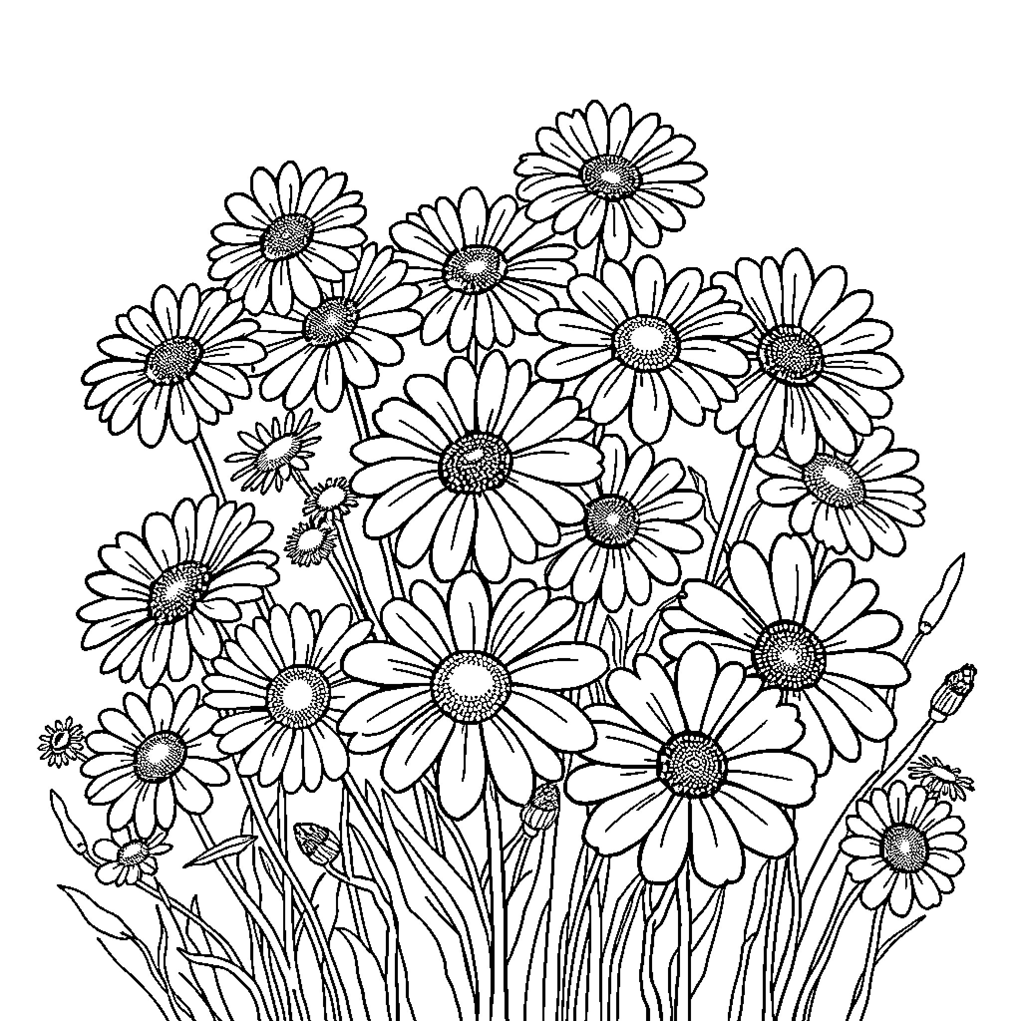 Daisy field in full bloom Coloring Page (free black-and-white line drawing printable PDF for all, from beginners to advanced learners, including children, teens, adults, and seniors)