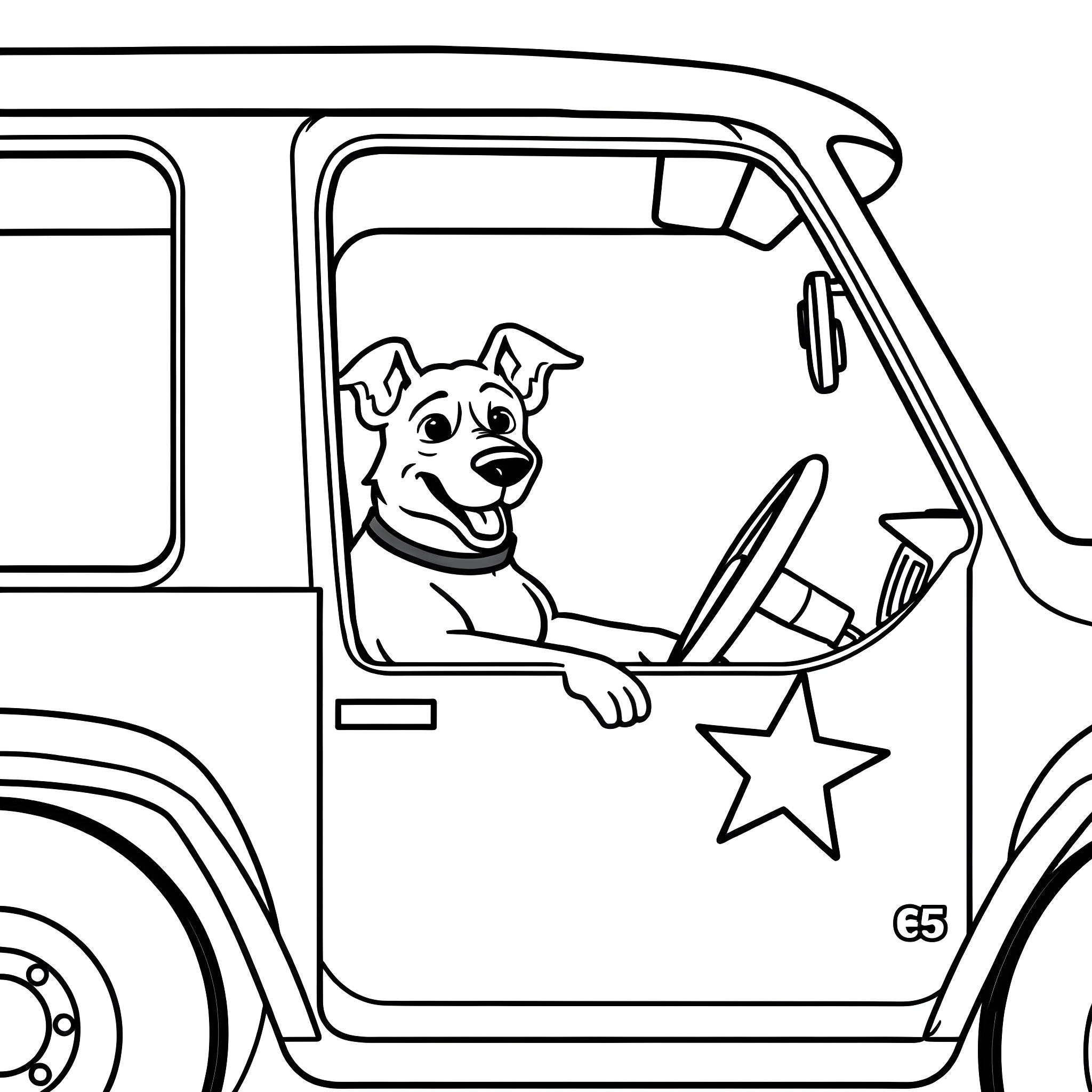 Dog Man Driving a Retro Truck with a Star Coloring Page (free black-and-white line drawing printable PDF for all, from beginners to advanced learners, including children, teens, adults, and seniors)