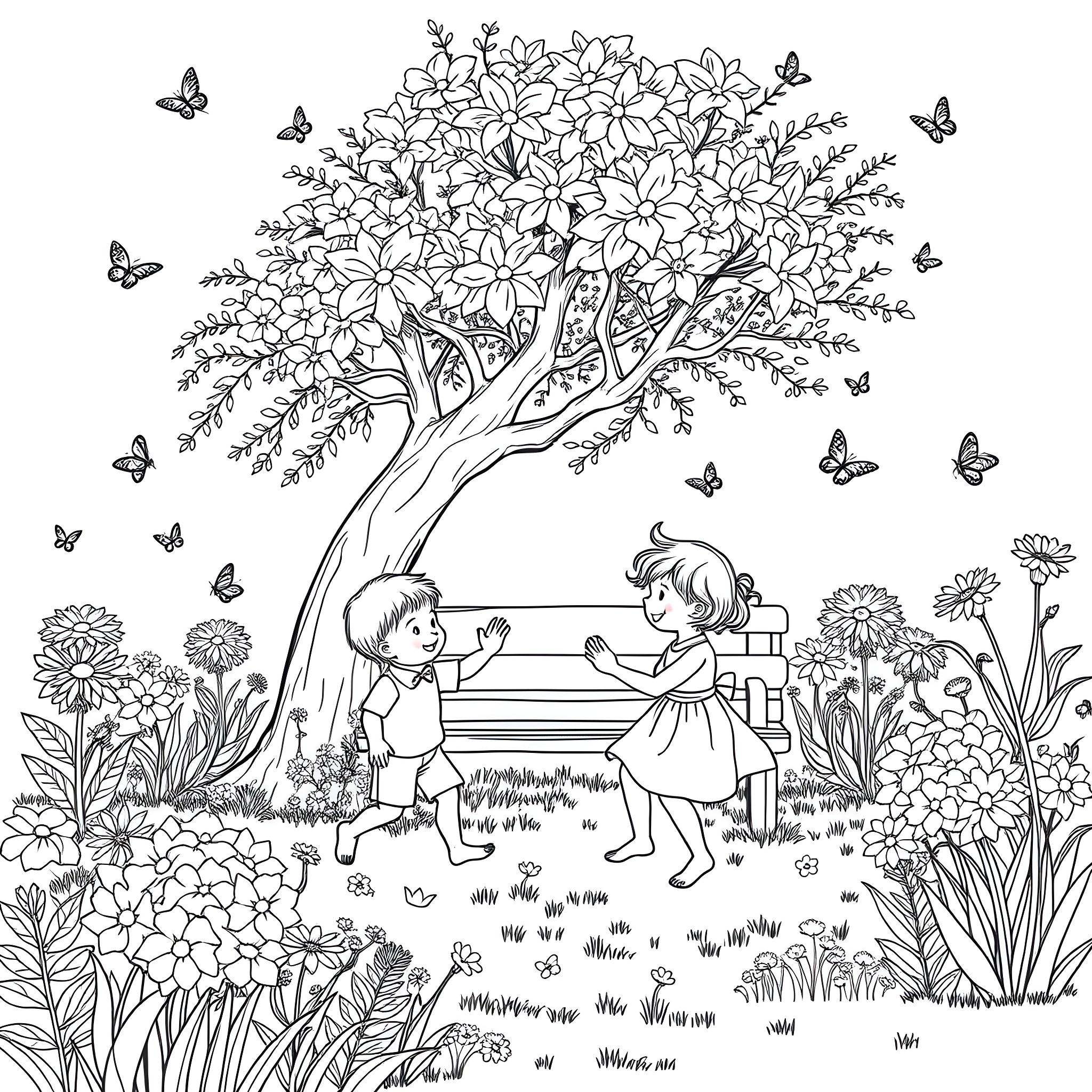 Siblings playing under a flowering tree Coloring Page (free black-and-white line drawing printable PDF for all, from beginners to advanced learners, including children, teens, adults, and seniors)