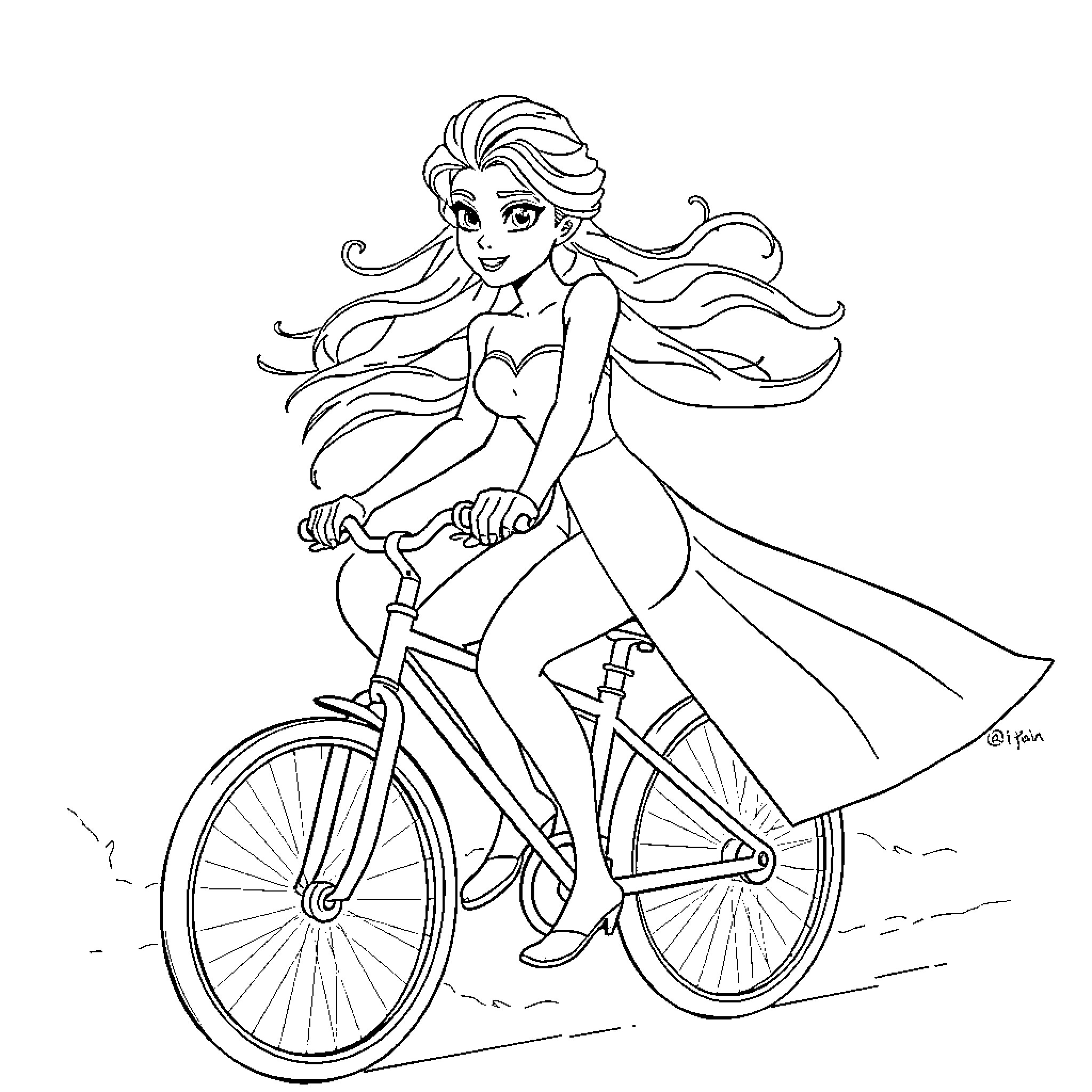 Elsa riding a bicycle with flowing hair Coloring Page (free black-and-white line drawing printable PDF for all, from beginners to advanced learners, including children, teens, adults, and seniors)