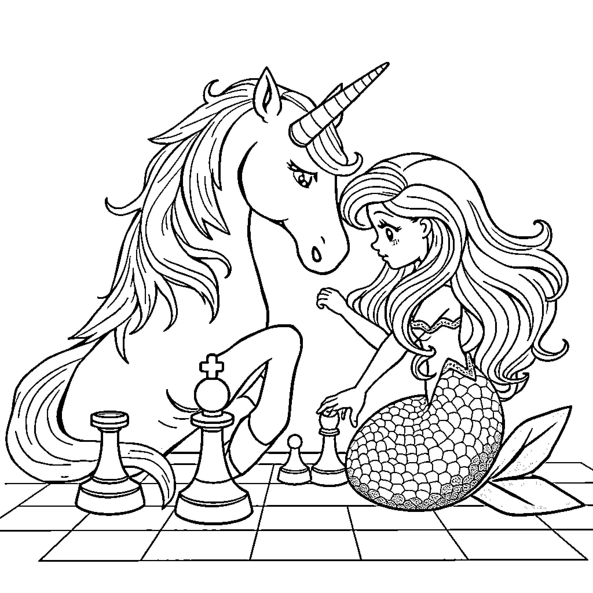 Unicorn and Mermaid Playing Chess Together Coloring Page (free black-and-white line drawing printable PDF for all, from beginners to advanced learners, including children, teens, adults, and seniors)