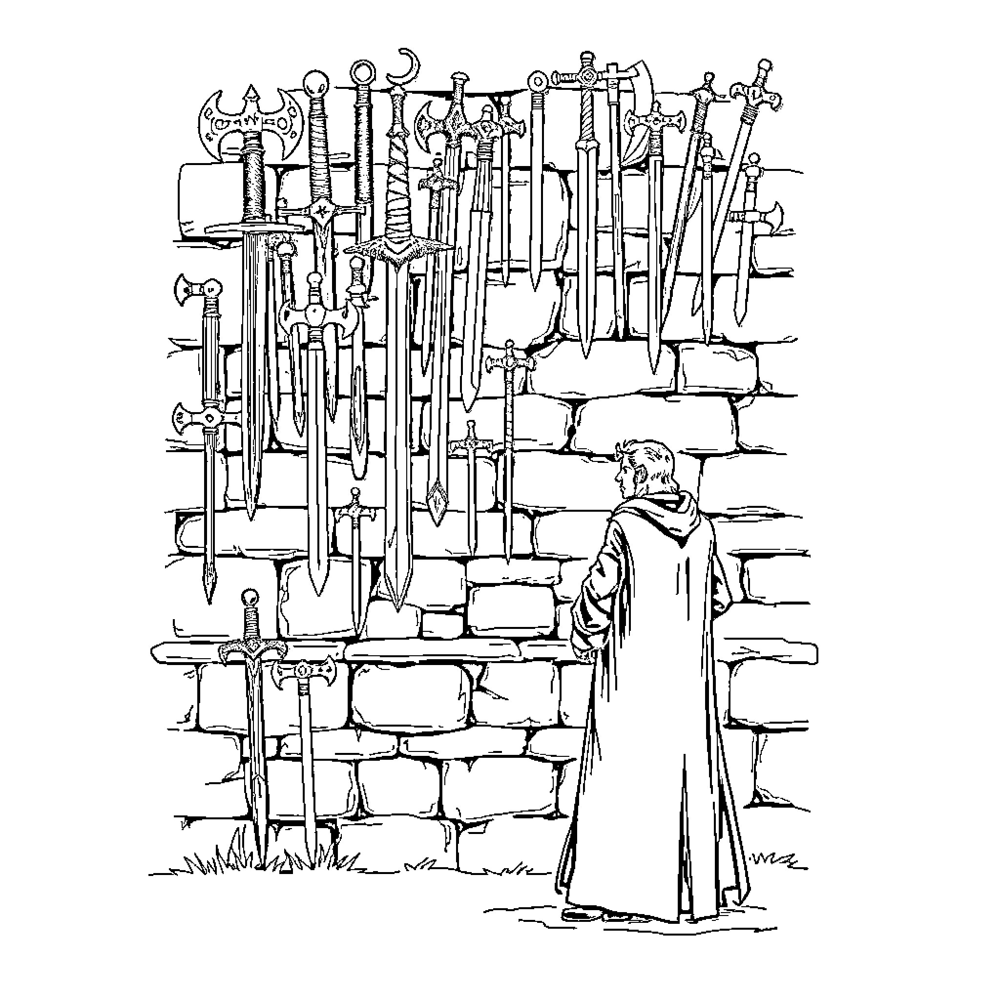 Man stands before a collection of medieval swords and armor Coloring Page (free black-and-white line drawing printable PDF for all, from beginners to advanced learners, including children, teens, adults, and seniors)