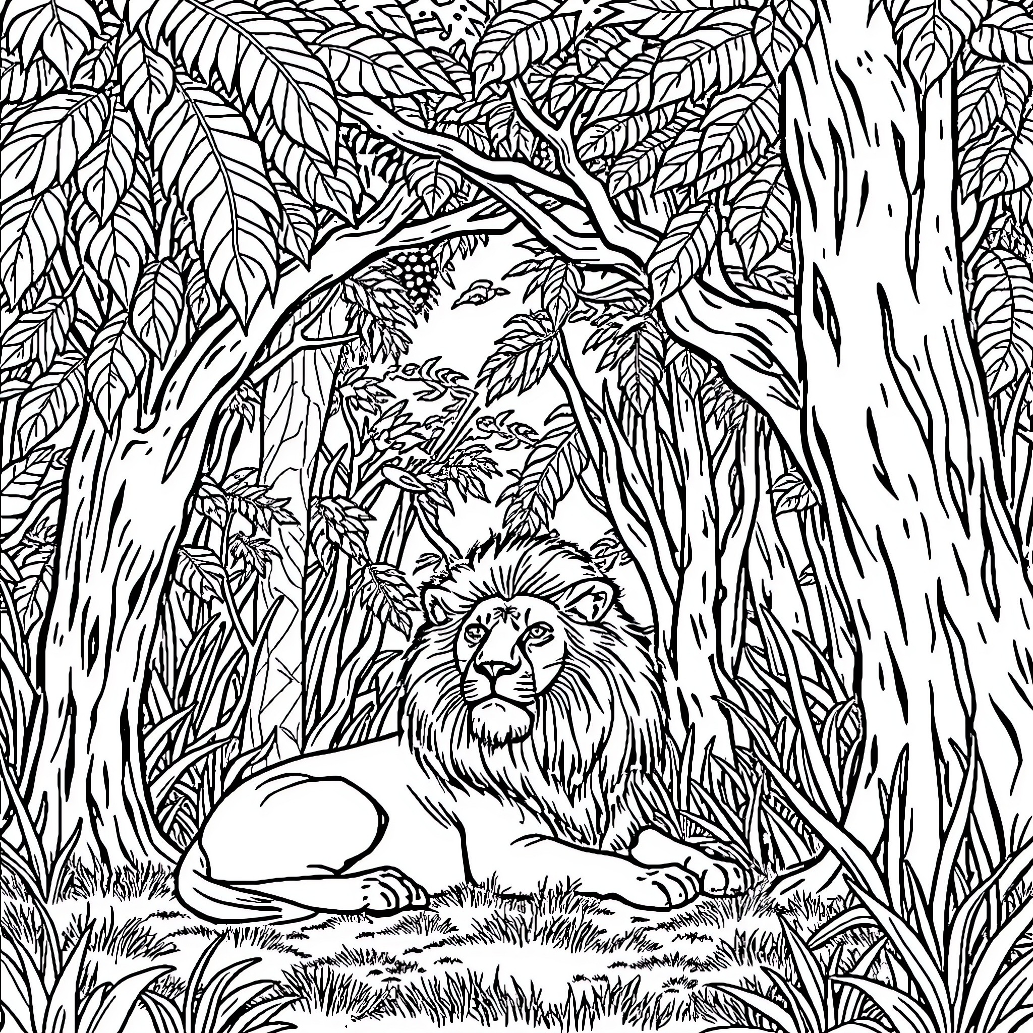Lion resting in lush jungle landscape Coloring Page (free black-and-white line drawing printable PDF for all, from beginners to advanced learners, including children, teens, adults, and seniors)