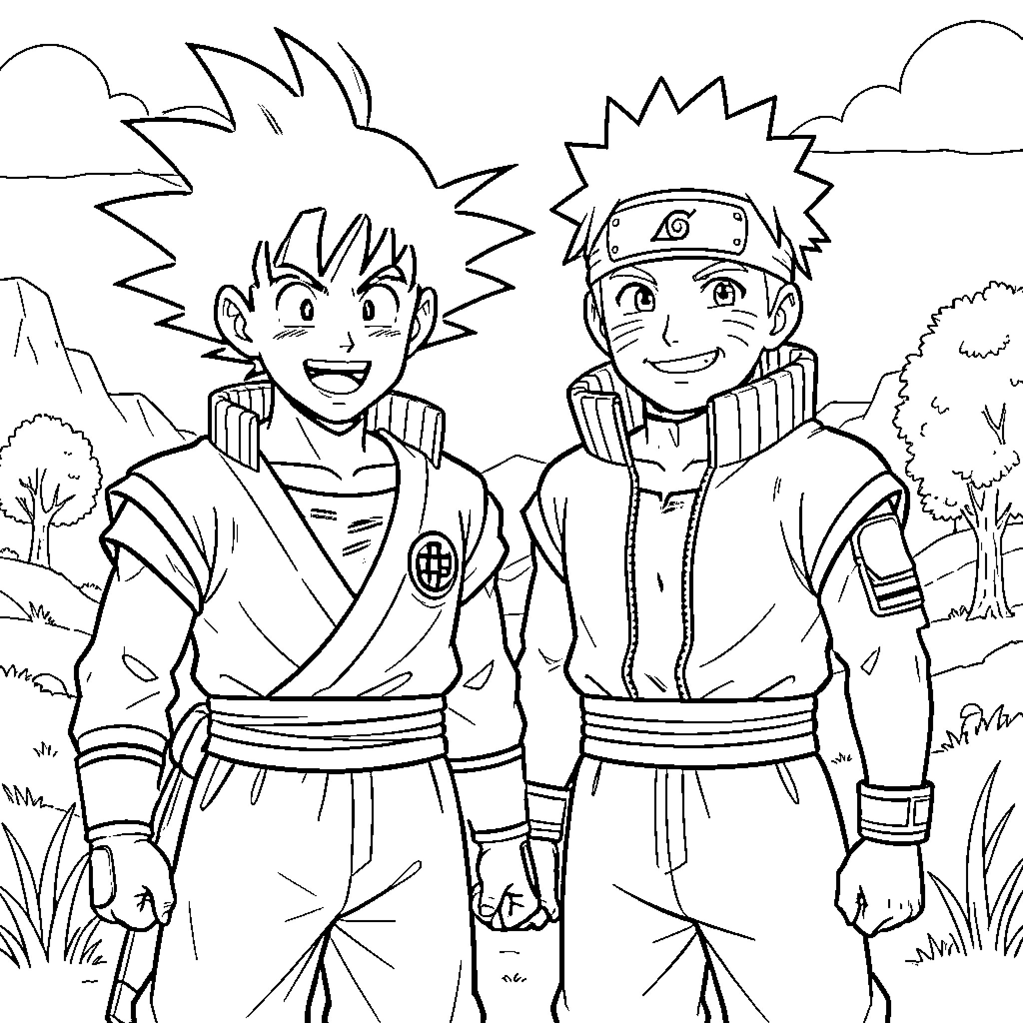 Goku and Naruto in action-packed outdoor scene Coloring Page (free black-and-white line drawing printable PDF for all, from beginners to advanced learners, including children, teens, adults, and seniors)