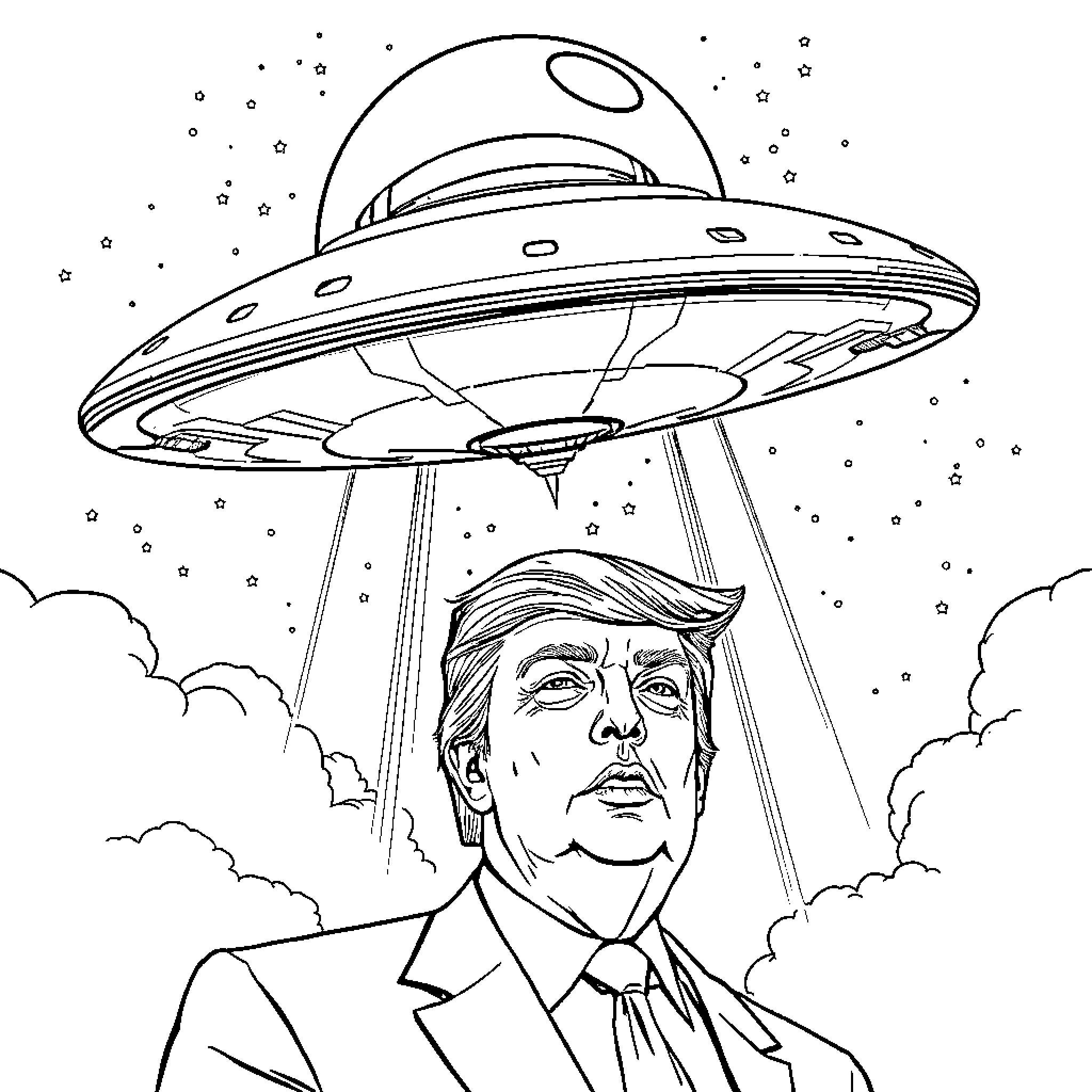 UFO abducts politician from the sky Coloring Page (free black-and-white line drawing printable PDF for all, from beginners to advanced learners, including children, teens, adults, and seniors)