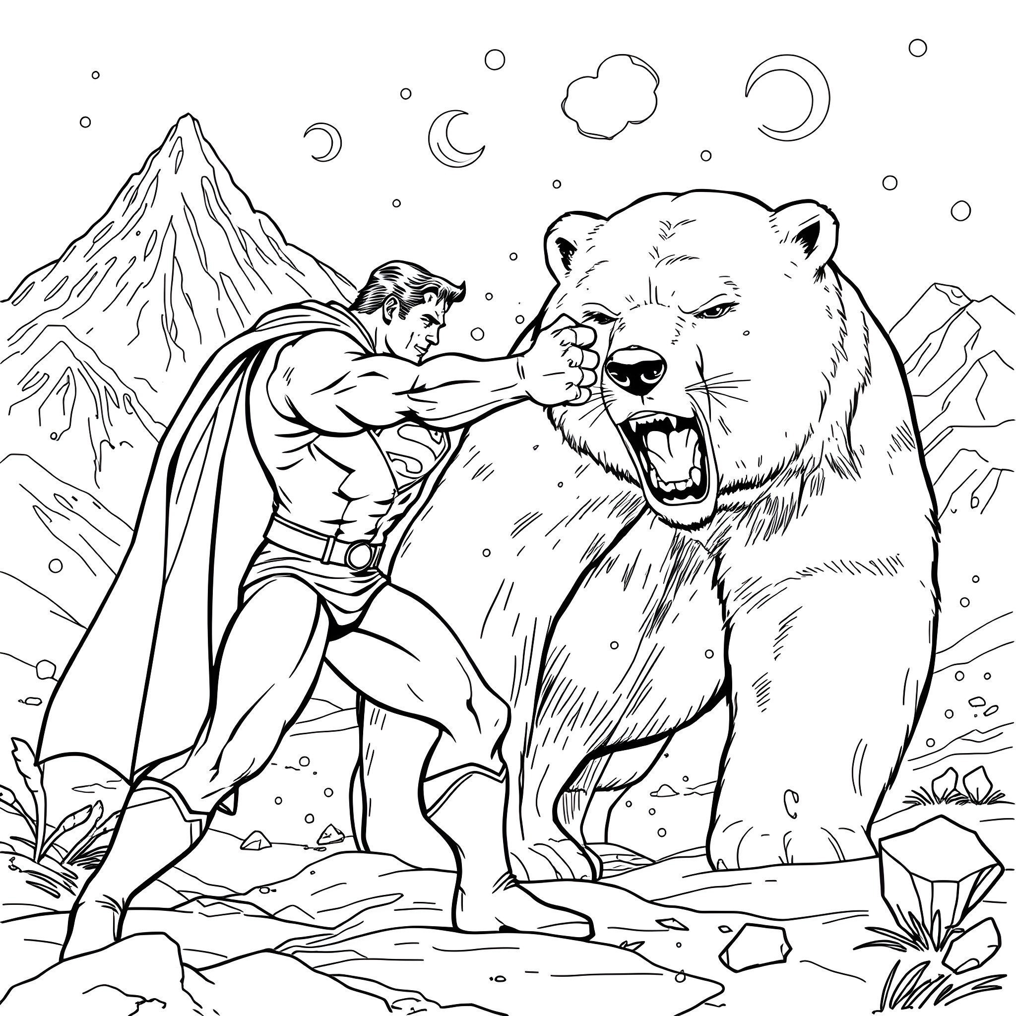 Superman facing a fierce polar bear in the mountains Coloring Page (free black-and-white line drawing printable PDF for all, from beginners to advanced learners, including children, teens, adults, and seniors)