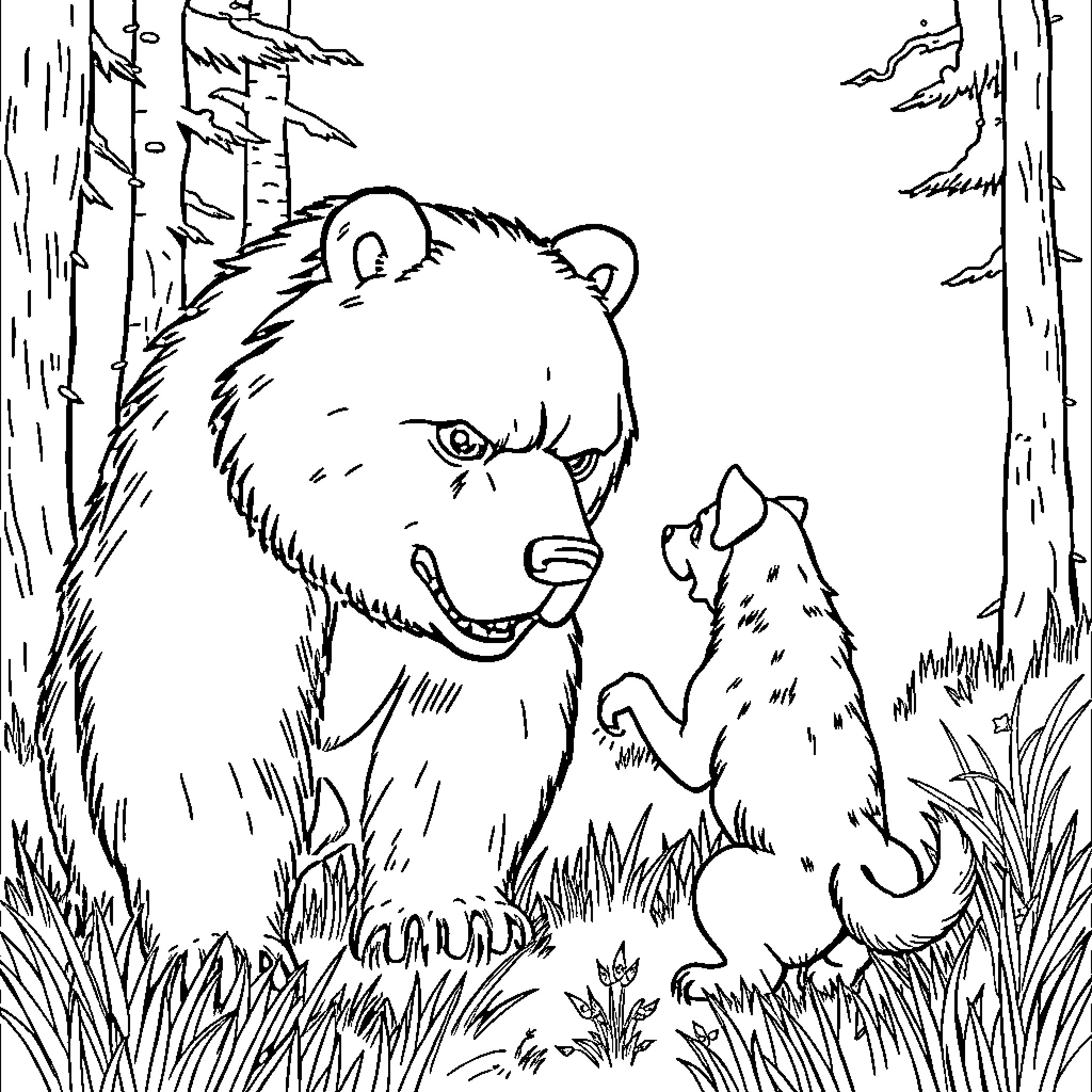 Dog with puppy in forest scene Coloring Page (free black-and-white line drawing printable PDF for all, from beginners to advanced learners, including children, teens, adults, and seniors)