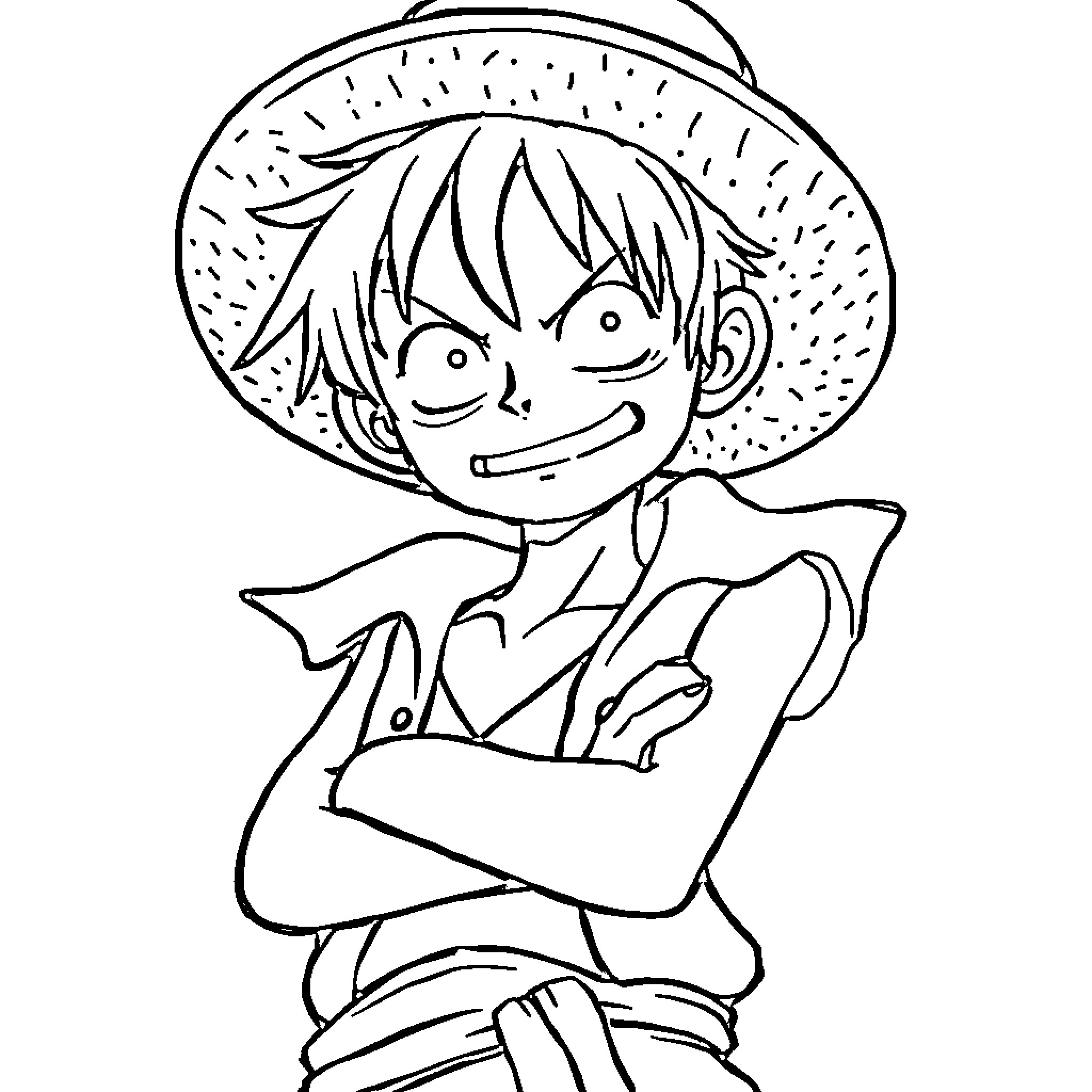 Monkey D Luffy's Iconic Smirk and Pose Coloring Page (free black-and-white line drawing printable PDF for all, from beginners to advanced learners, including children, teens, adults, and seniors)