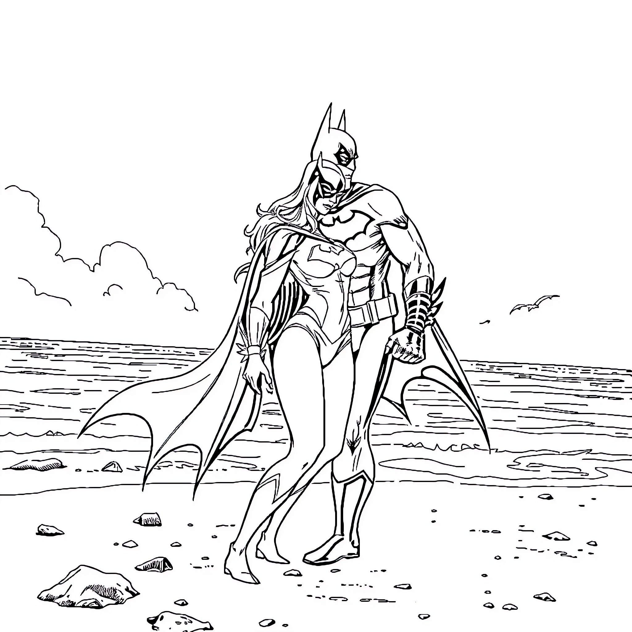 Batman standing heroically on the beach Coloring Page (free black-and-white line drawing printable PDF for all, from beginners to advanced learners, including children, teens, adults, and seniors)