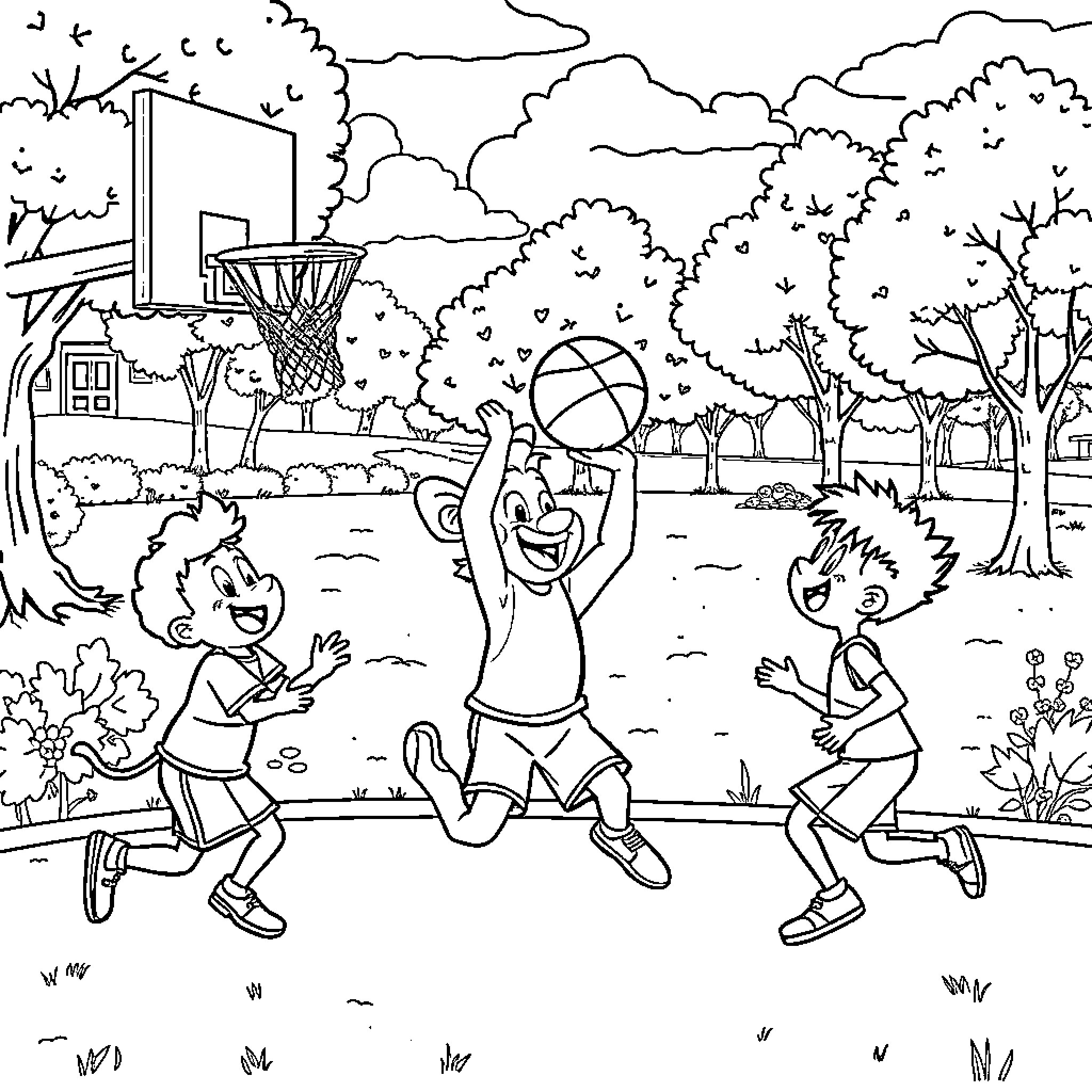Bluey and friends playing basketball on a sunny day Coloring Page (free black-and-white line drawing printable PDF for all, from beginners to advanced learners, including children, teens, adults, and seniors)