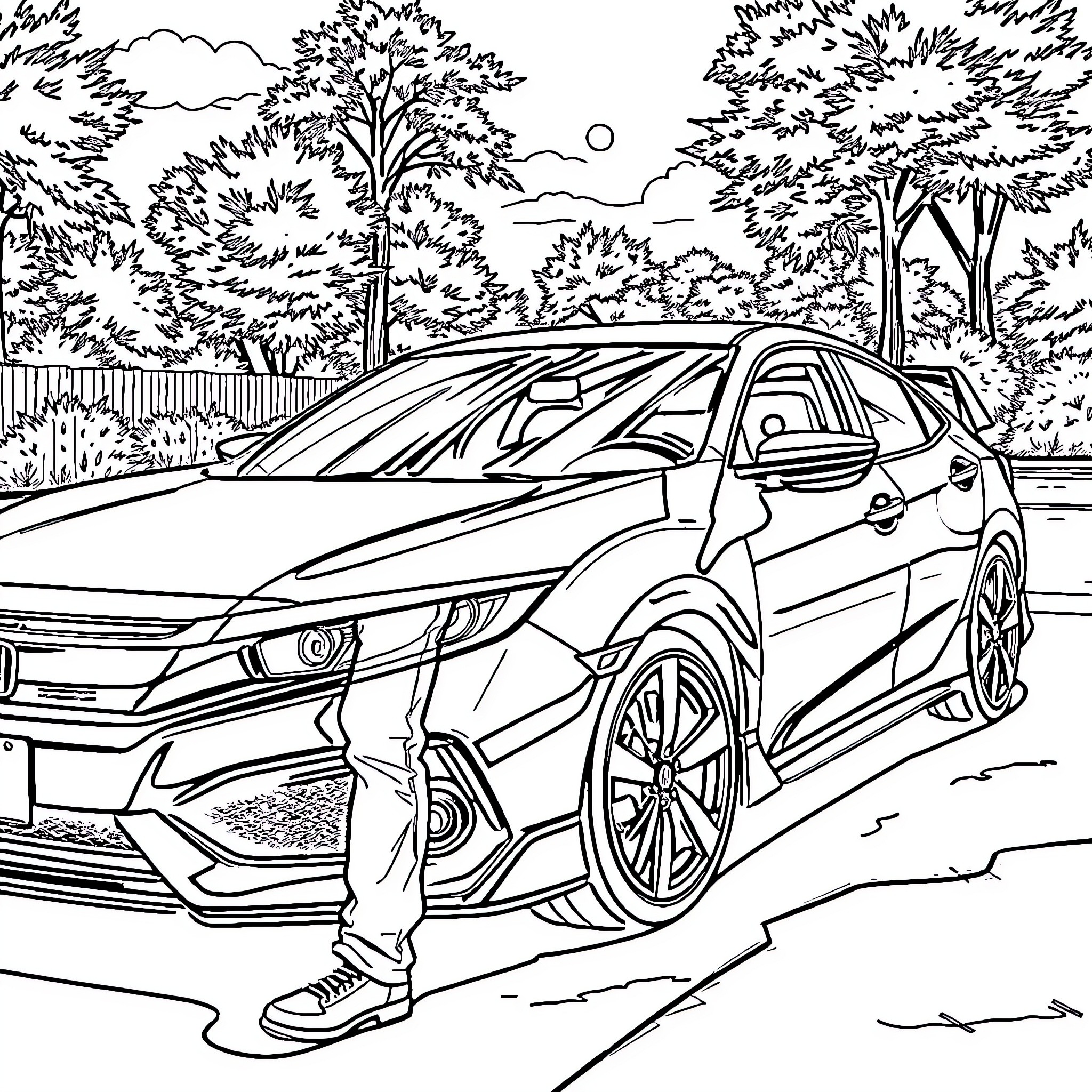 John Cena's Sportive Ride Through the Scenic Landscape Coloring Page (free black-and-white line drawing printable PDF for all, from beginners to advanced learners, including children, teens, adults, and seniors)