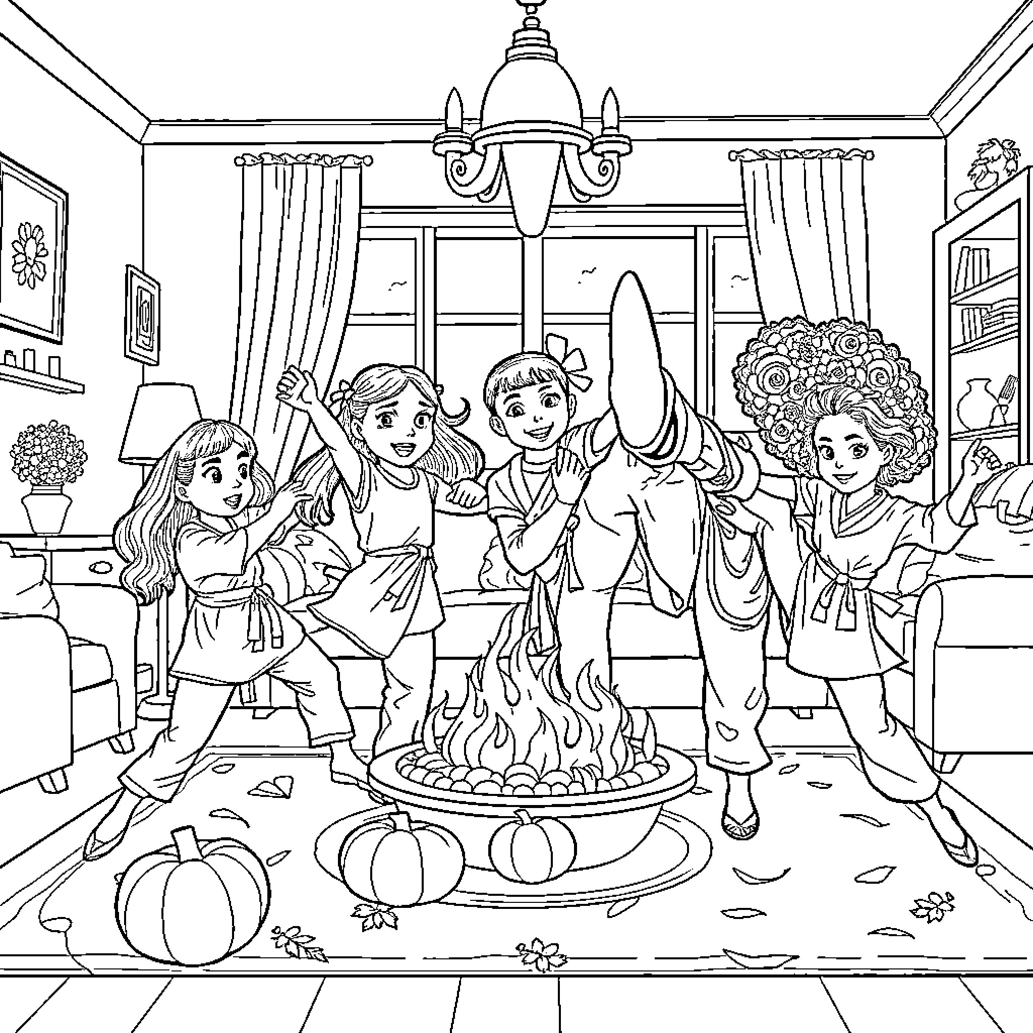 Sister's Joyful Celebration with Friends Coloring Page (free black-and-white line drawing printable PDF for all, from beginners to advanced learners, including children, teens, adults, and seniors)