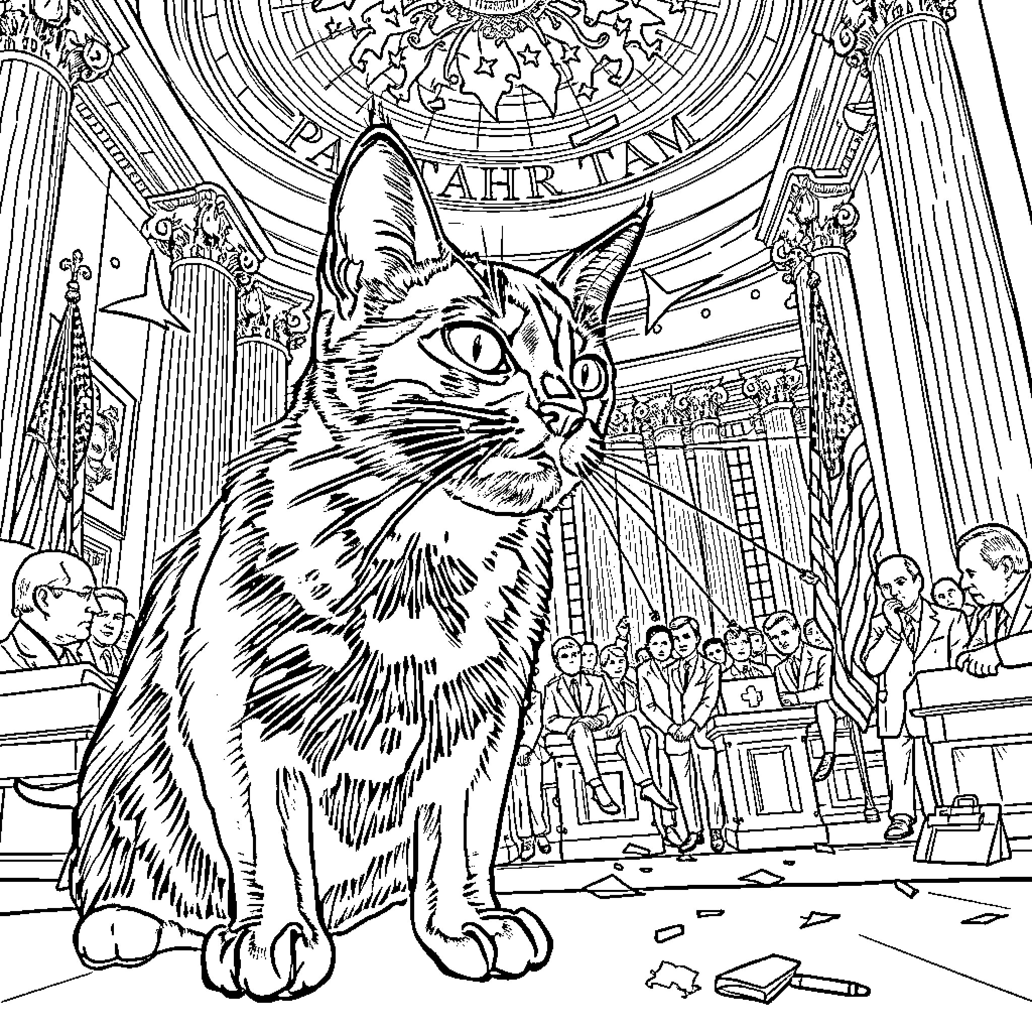 Cat in a grand theatrical stage Coloring Page (free black-and-white line drawing printable PDF for all, from beginners to advanced learners, including children, teens, adults, and seniors)