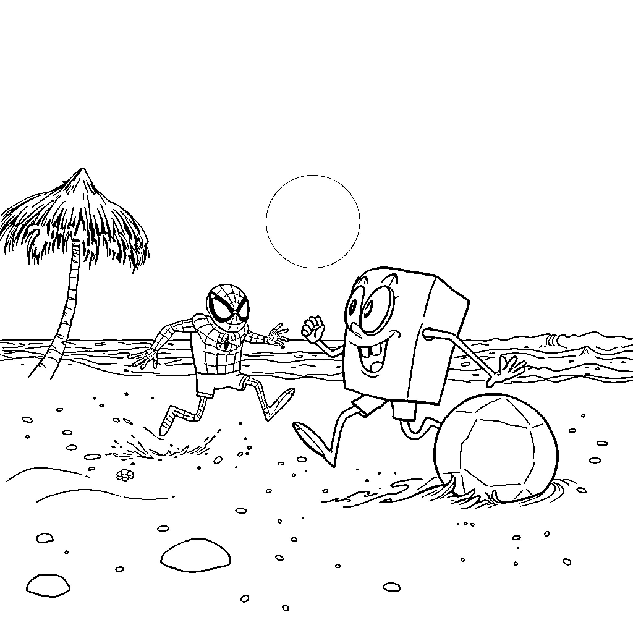 Bob l'éponge playing on the beach with a friend Coloring Page (free black-and-white line drawing printable PDF for all, from beginners to advanced learners, including children, teens, adults, and seniors)