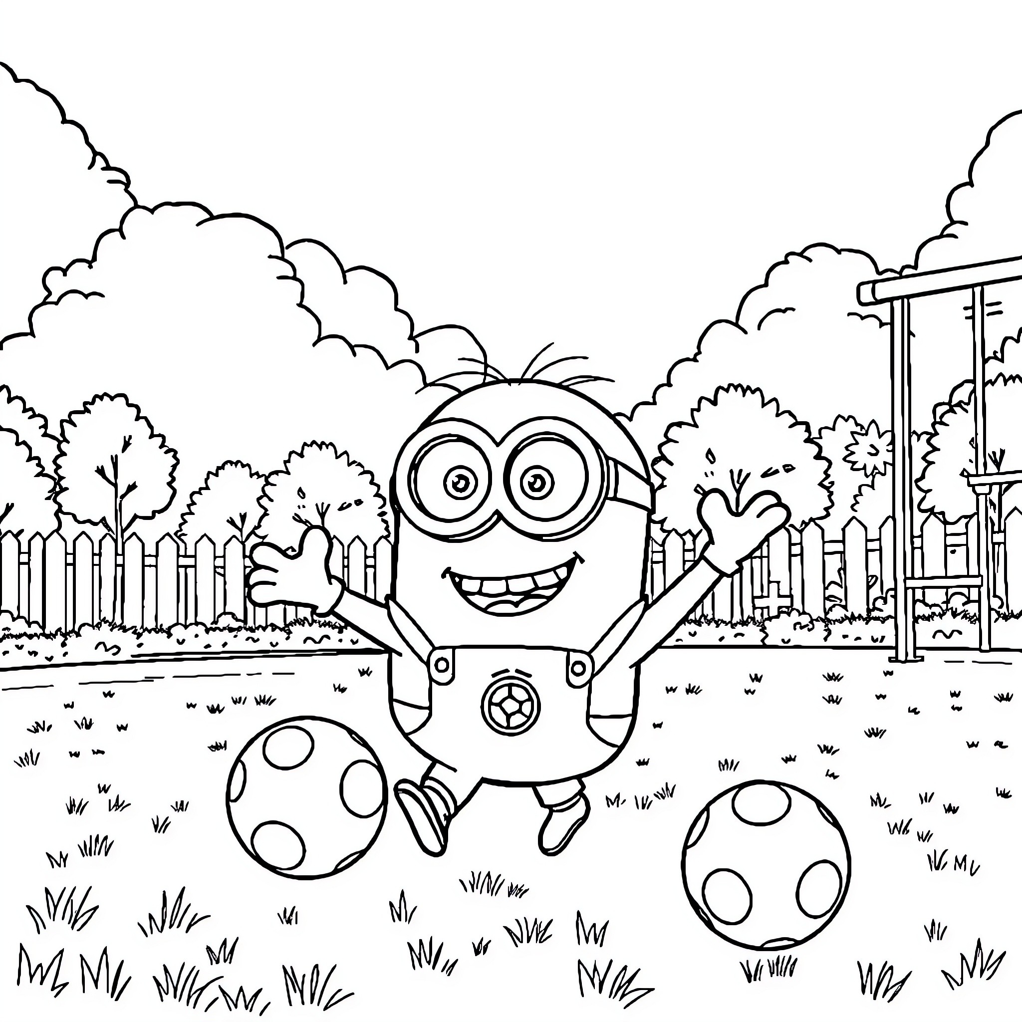 Minion playing joyfully in a cartoon landscape Coloring Page (free black-and-white line drawing printable PDF for all, from beginners to advanced learners, including children, teens, adults, and seniors)