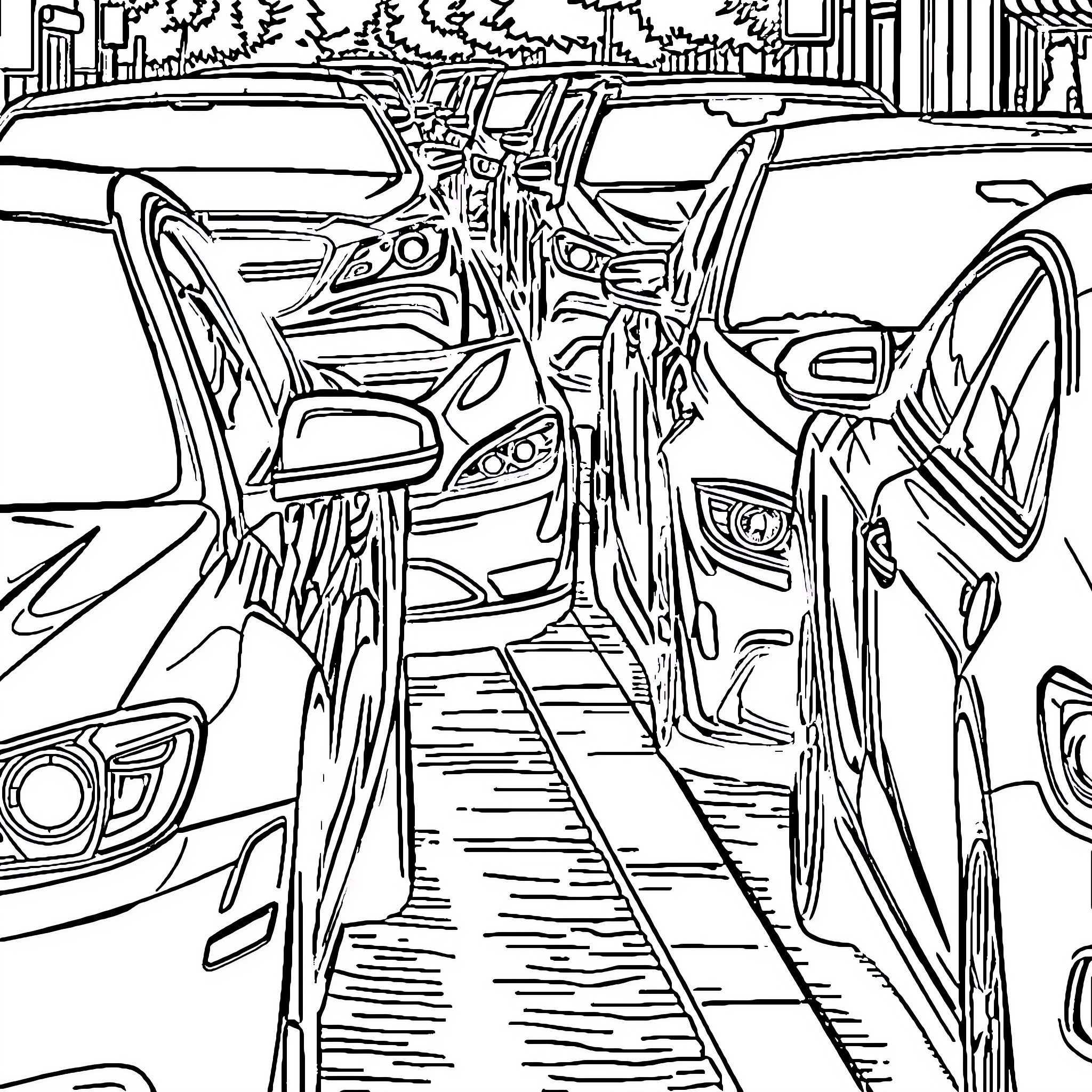 Car collision in a busy city street Coloring Page (free black-and-white line drawing printable PDF for all, from beginners to advanced learners, including children, teens, adults, and seniors)
