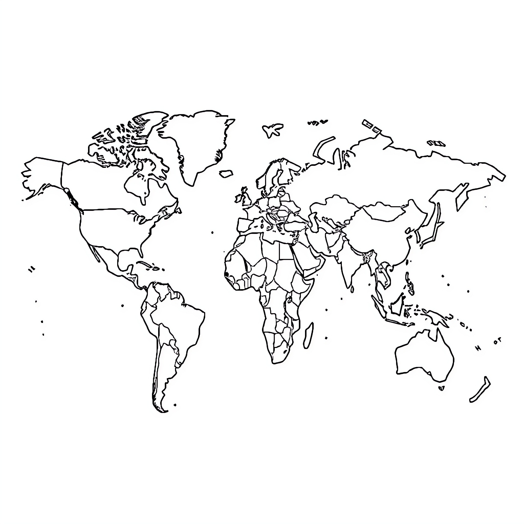 World Map Outline with Continents Coloring Page (free black-and-white line drawing printable PDF for all, from beginners to advanced learners, including children, teens, adults, and seniors)