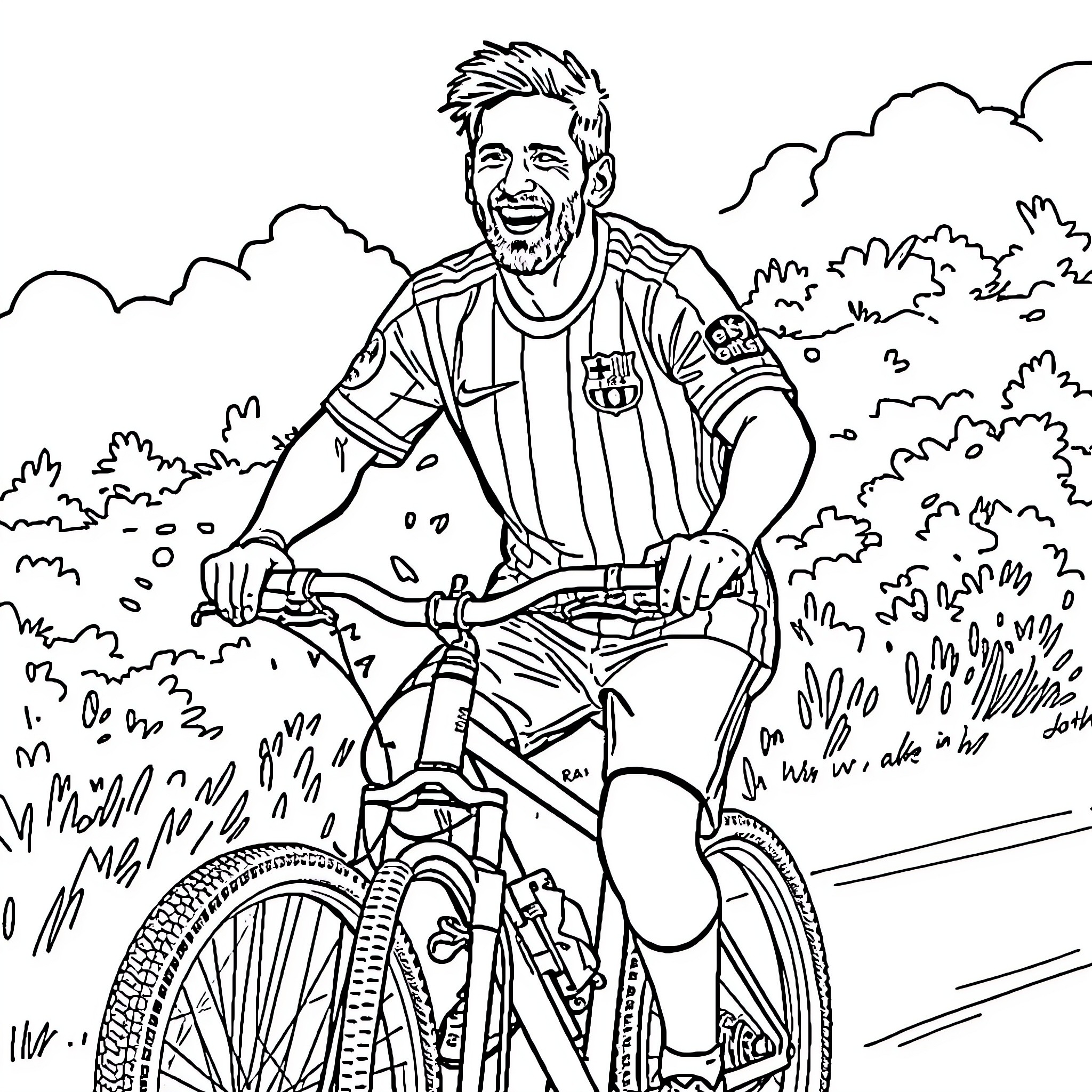 Messi enjoying a bicycle ride in the outdoors Coloring Page (free black-and-white line drawing printable PDF for all, from beginners to advanced learners, including children, teens, adults, and seniors)