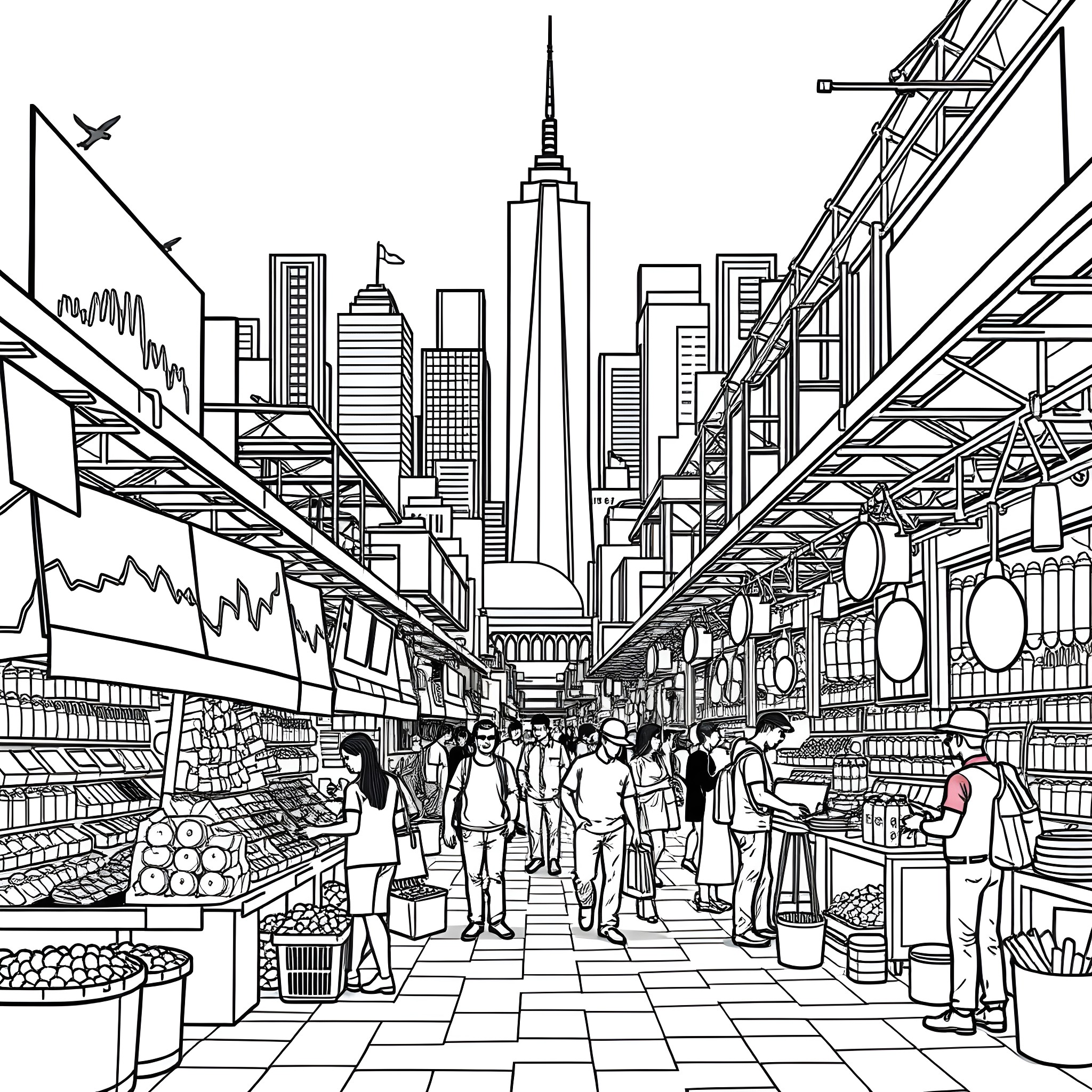 Economy of a Bustling City Marketplace Coloring Page (free black-and-white line drawing printable PDF for all, from beginners to advanced learners, including children, teens, adults, and seniors)
