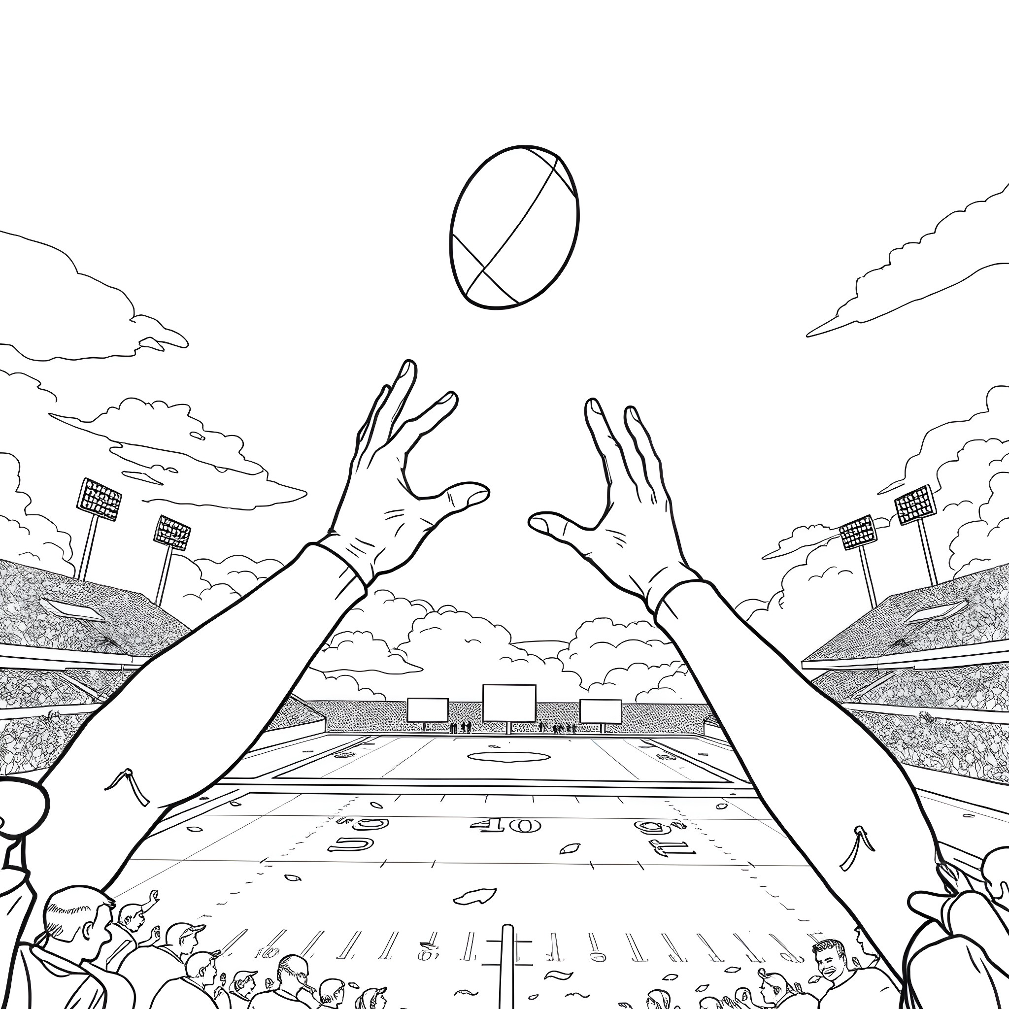 Hands reaching for a ball in a sports stadium Coloring Page (free black-and-white line drawing printable PDF for all, from beginners to advanced learners, including children, teens, adults, and seniors)
