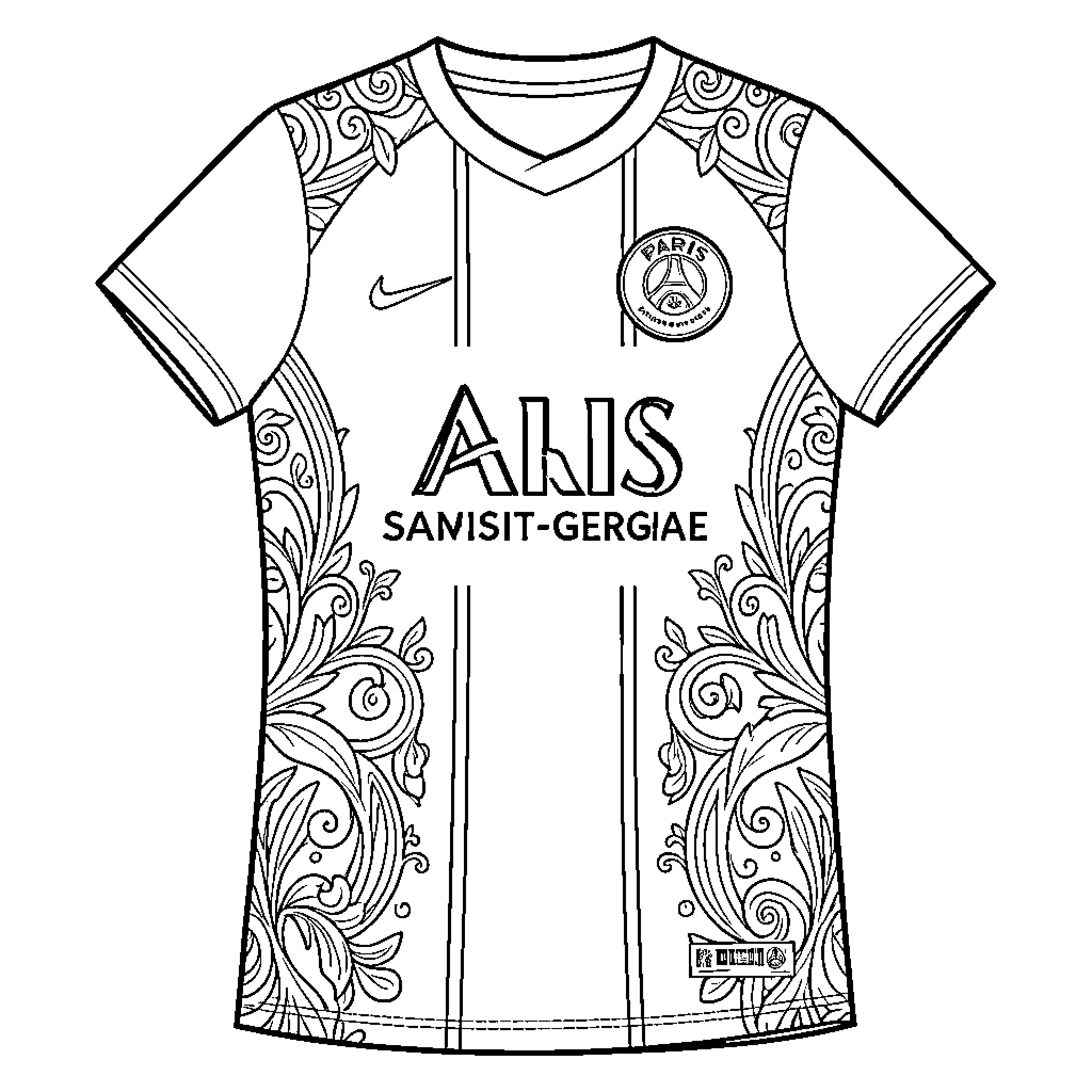 PSG Jersey featuring intricate floral pattern designs Coloring Page (free black-and-white line drawing printable PDF for all, from beginners to advanced learners, including children, teens, adults, and seniors)