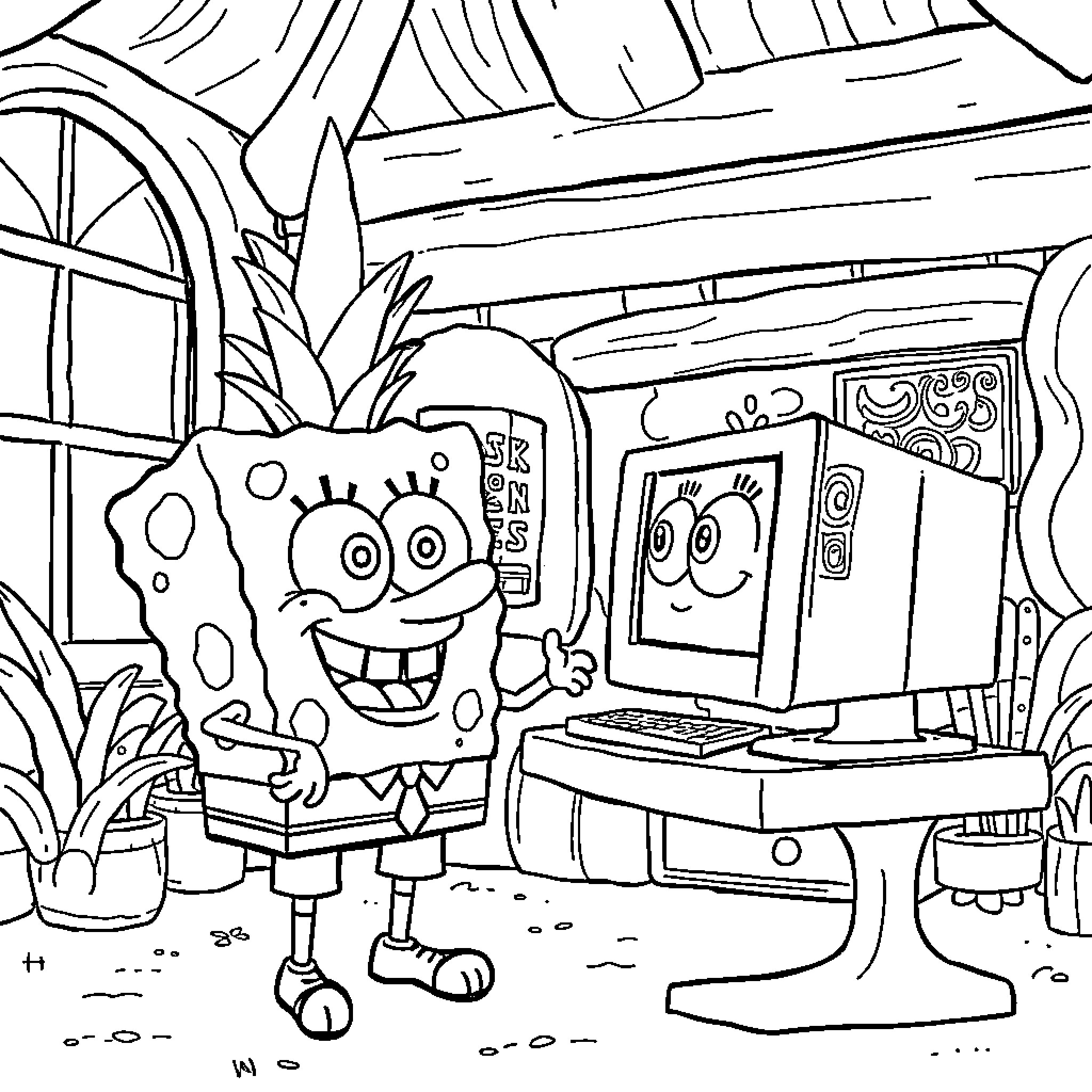 Spongebob enjoying computer time in his home Coloring Page (free black-and-white line drawing printable PDF for all, from beginners to advanced learners, including children, teens, adults, and seniors)
