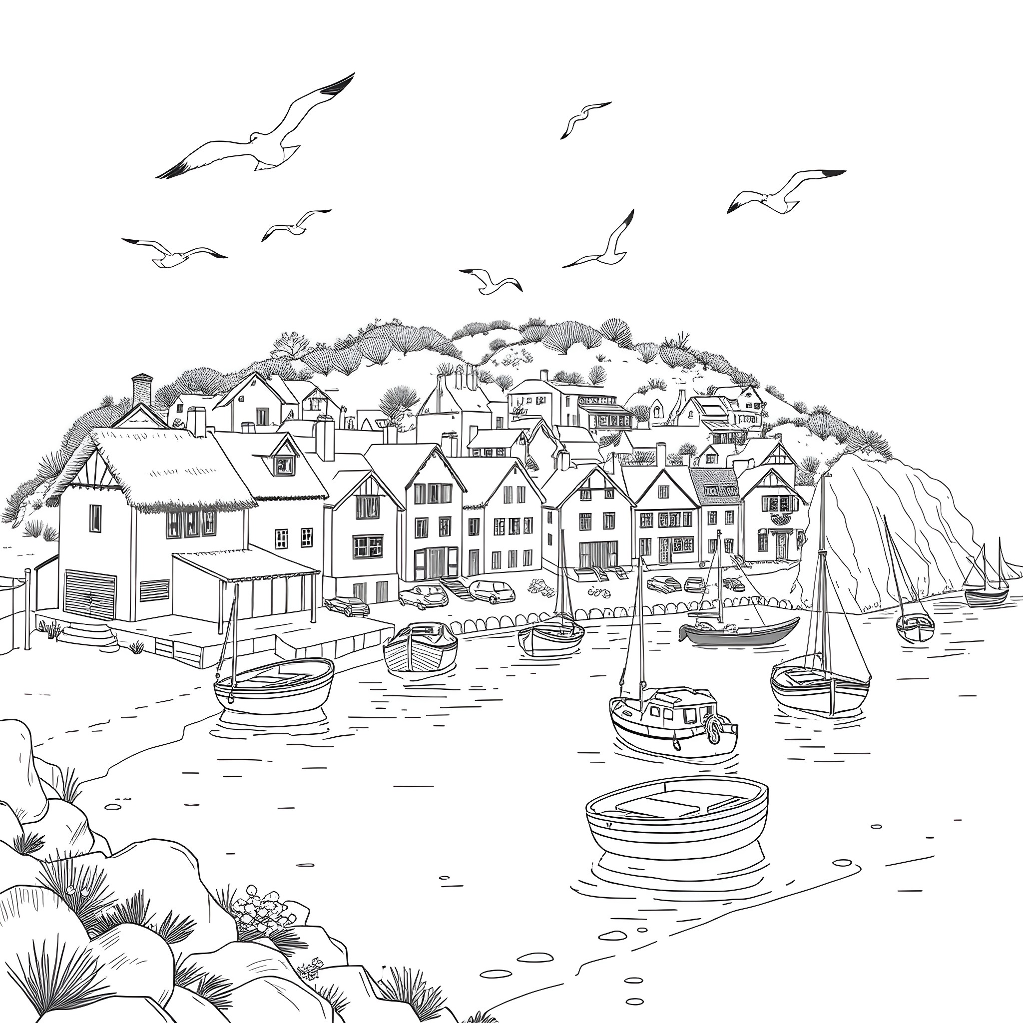 Sea Village with Boats and Seagulls Coloring Page (free black-and-white line drawing printable PDF for all, from beginners to advanced learners, including children, teens, adults, and seniors)