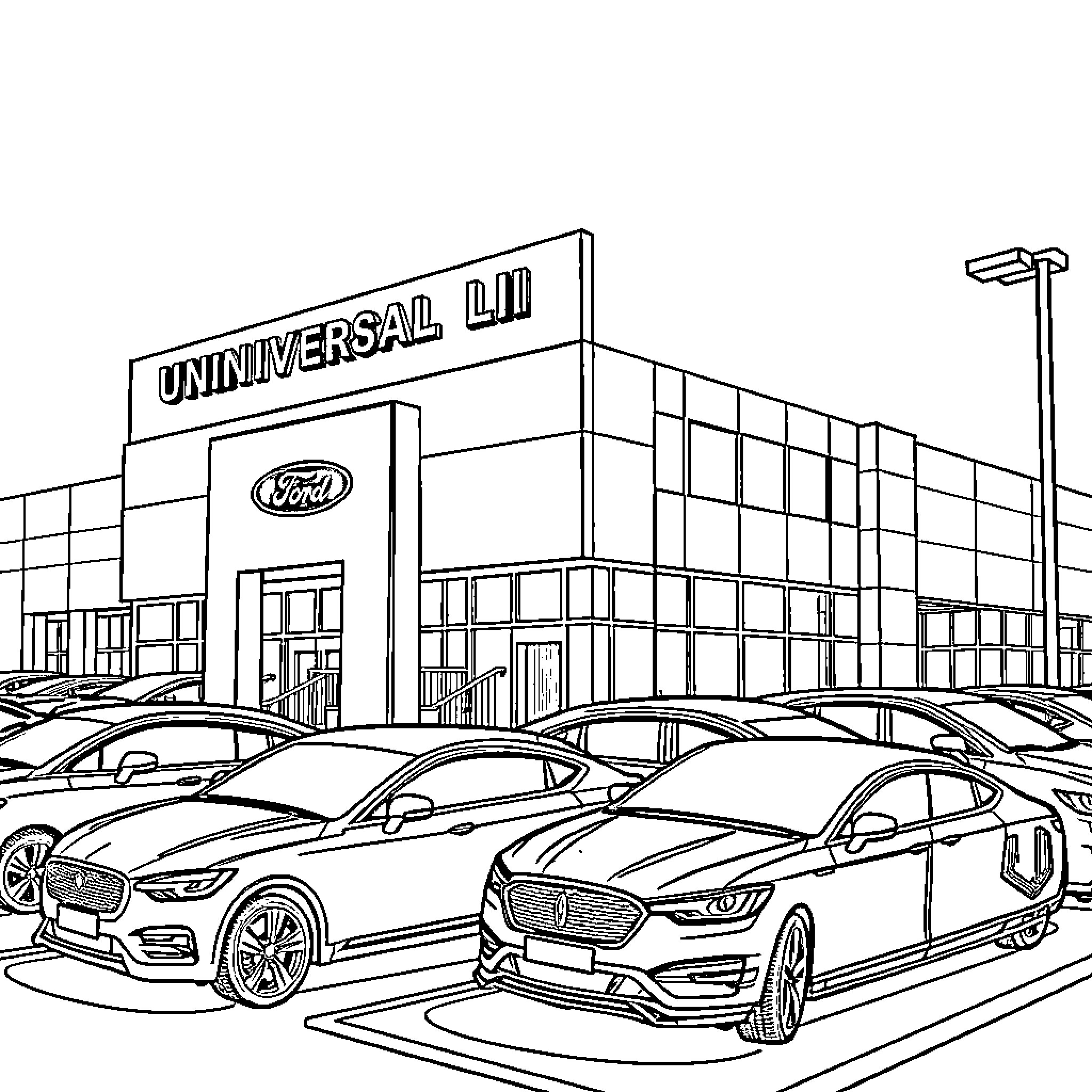 Ford vehicles parked outside Universal studio Coloring Page (free black-and-white line drawing printable PDF for all, from beginners to advanced learners, including children, teens, adults, and seniors)