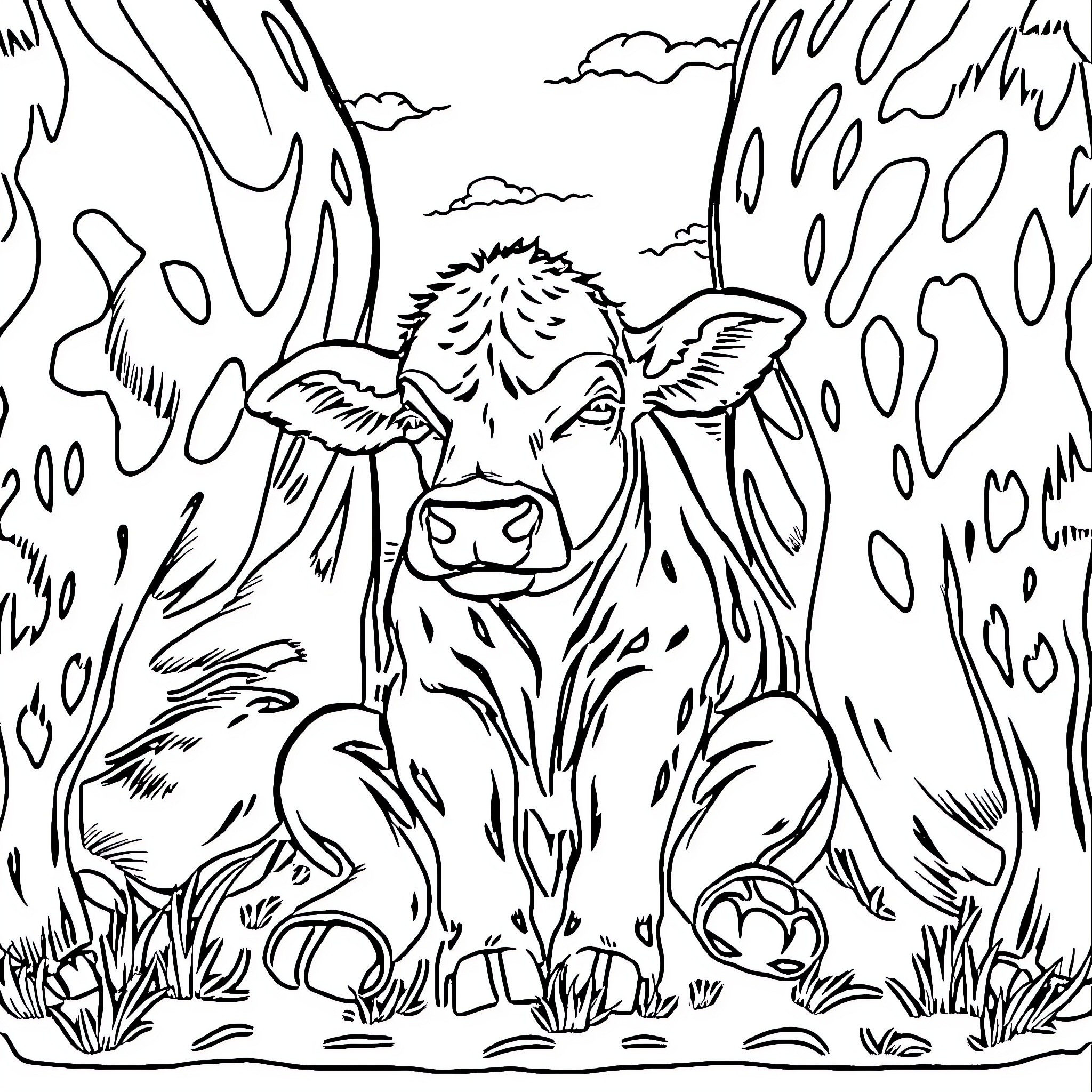 Calf nestled in the forest Coloring Page (free black-and-white line drawing printable PDF for all, from beginners to advanced learners, including children, teens, adults, and seniors)