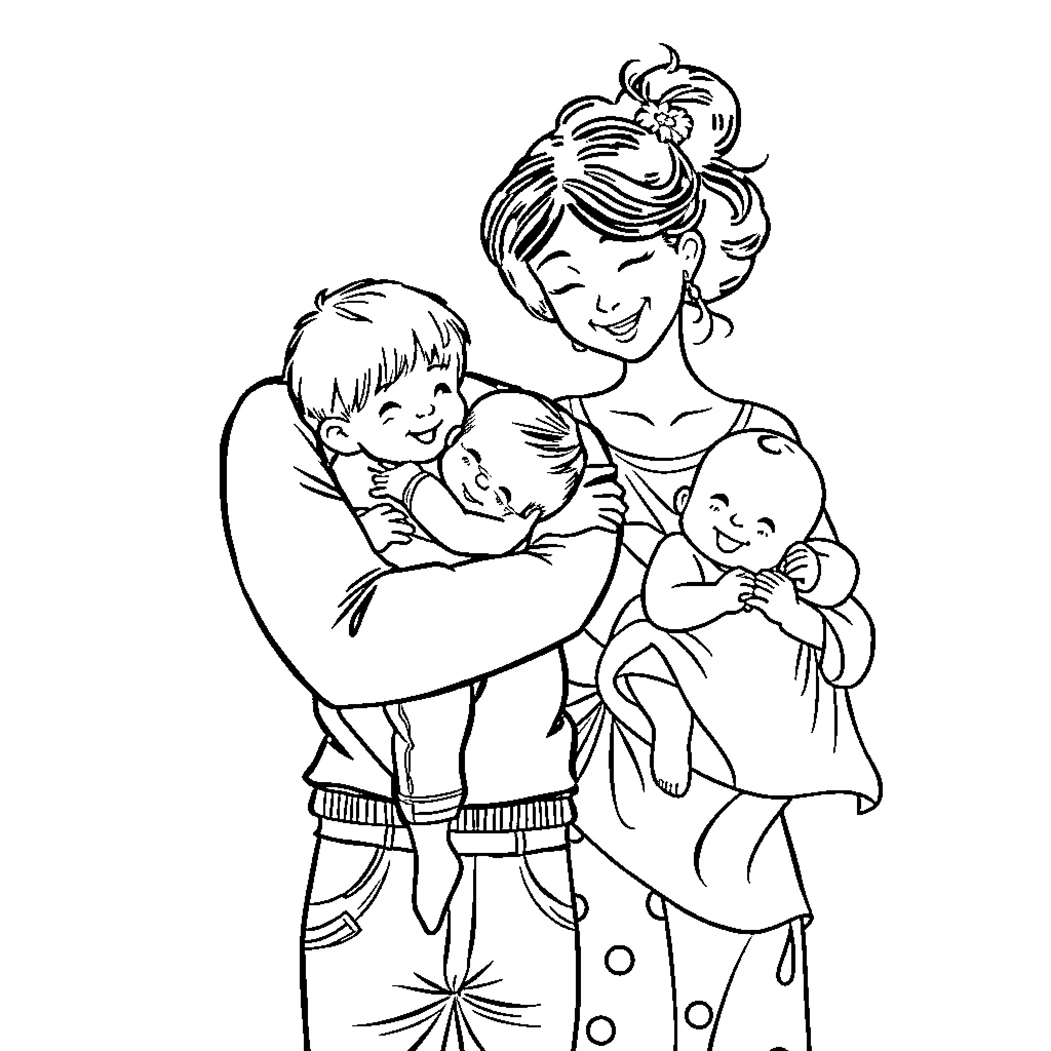 Family Bonding with Joyful Embraces Coloring Page (free black-and-white line drawing printable PDF for all, from beginners to advanced learners, including children, teens, adults, and seniors)