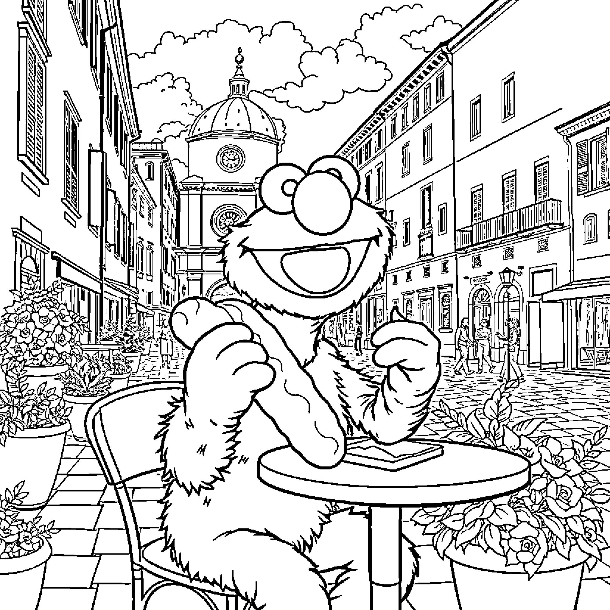 Elmo enjoying a day out in the city Coloring Page (free black-and-white line drawing printable PDF for all, from beginners to advanced learners, including children, teens, adults, and seniors)