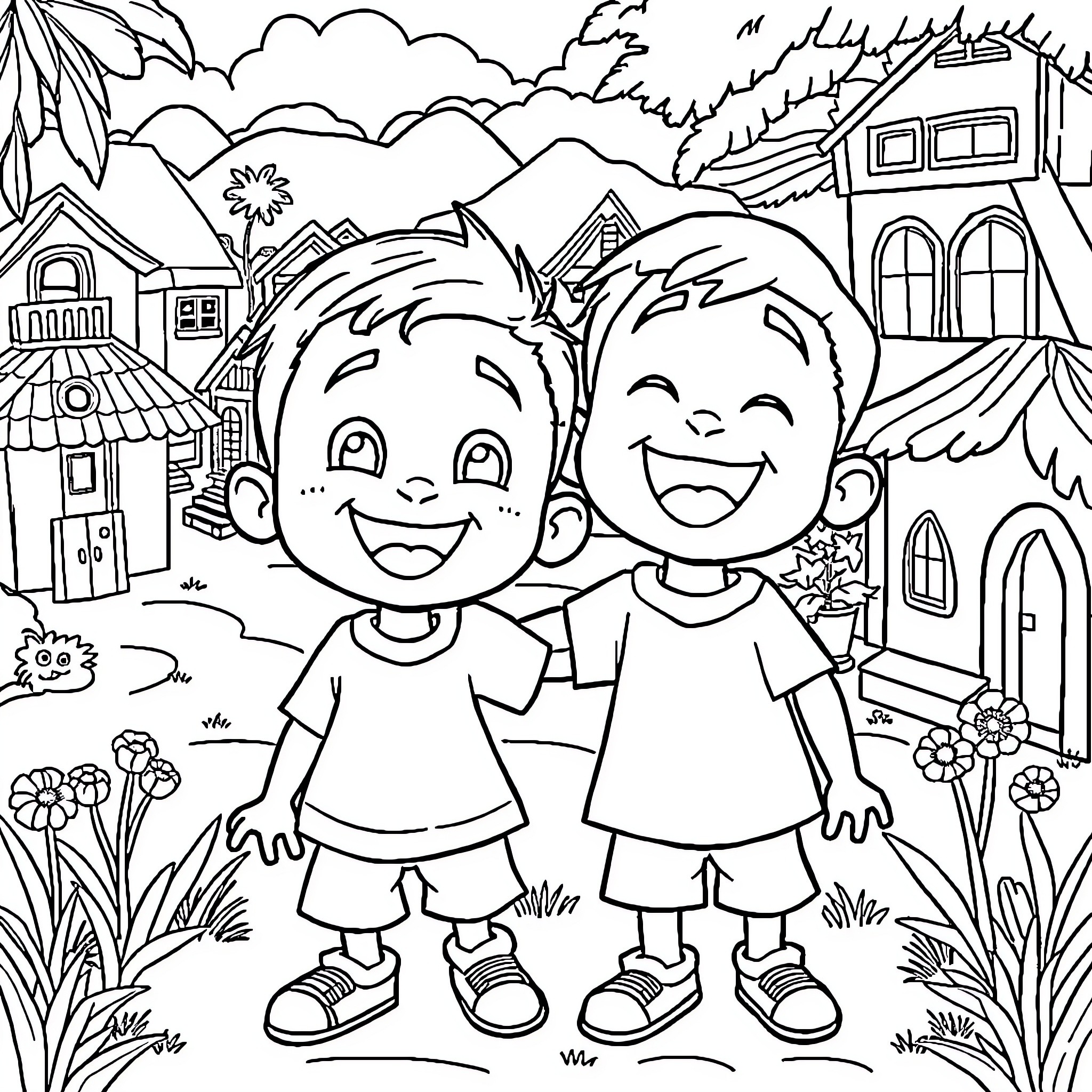 Upin and Ipin enjoying their outdoor adventure Coloring Page (free black-and-white line drawing printable PDF for all, from beginners to advanced learners, including children, teens, adults, and seniors)