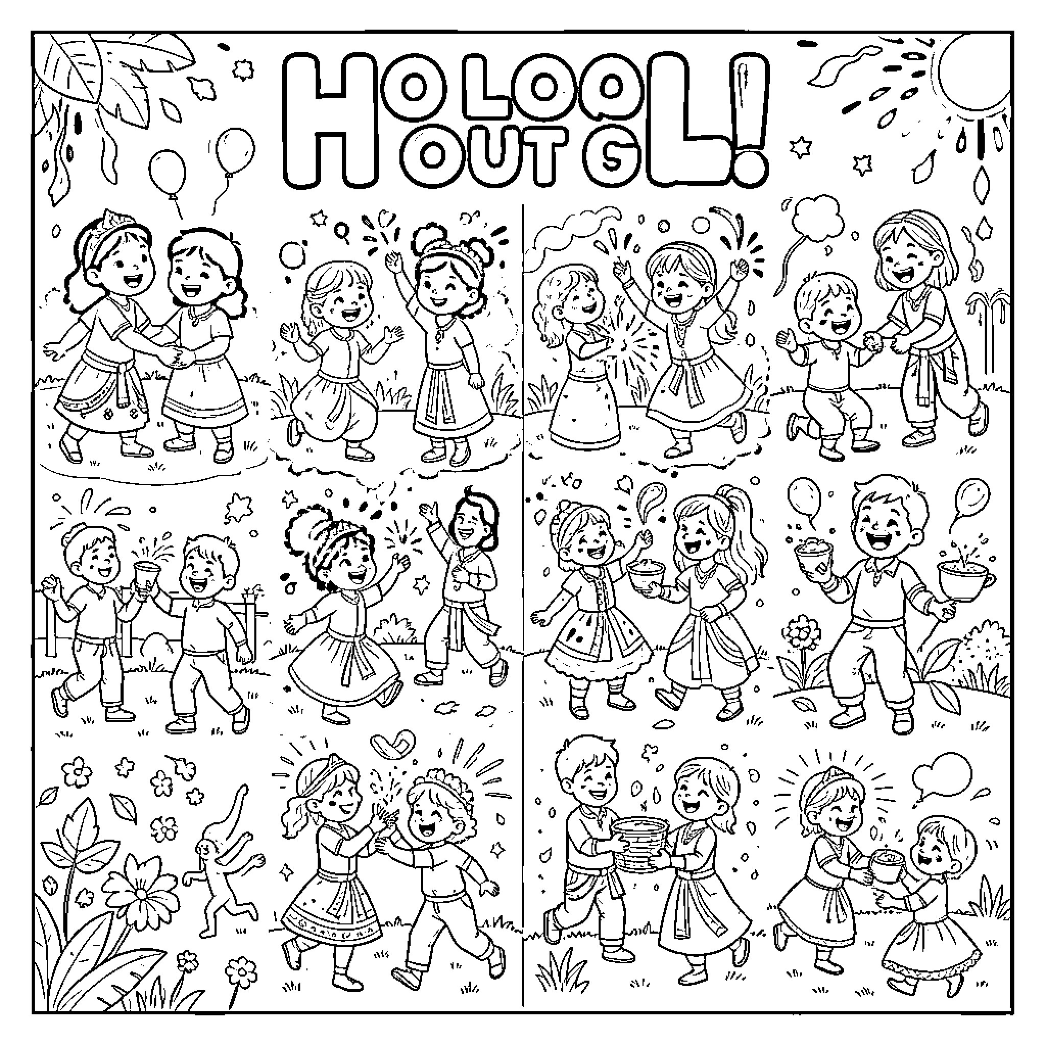 Holi Festival Celebration with Joyful Expressions Coloring Page (free black-and-white line drawing printable PDF for all, from beginners to advanced learners, including children, teens, adults, and seniors)