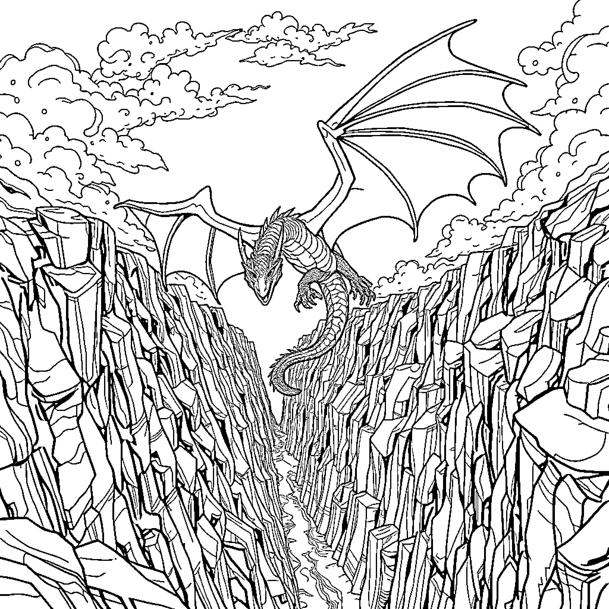 Dragon soaring through the majestic mountain landscape Coloring Page (free black-and-white line drawing printable PDF for all, from beginners to advanced learners, including children, teens, adults, and seniors)
