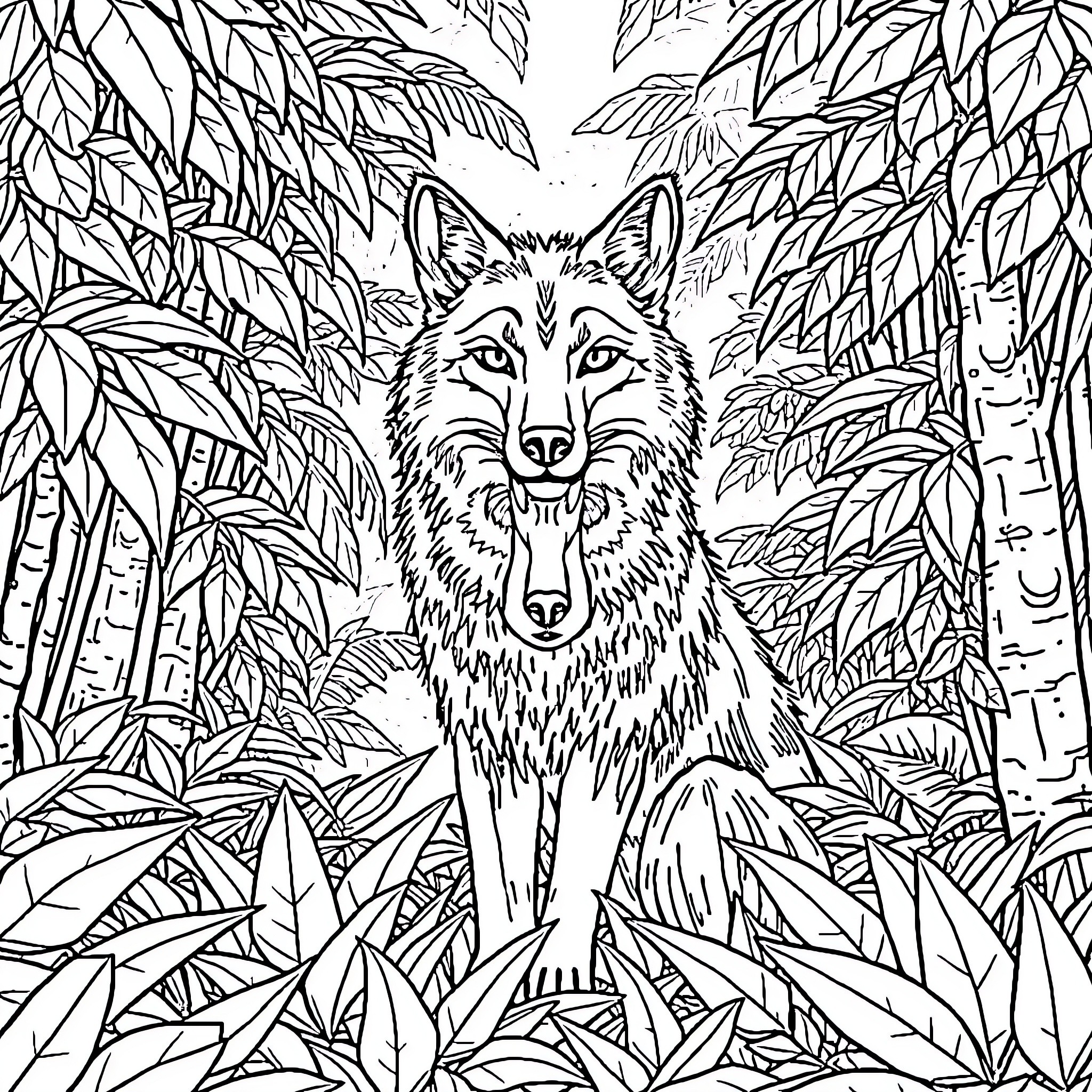 Wolf stalking through the dense forest Coloring Page (free black-and-white line drawing printable PDF for all, from beginners to advanced learners, including children, teens, adults, and seniors)