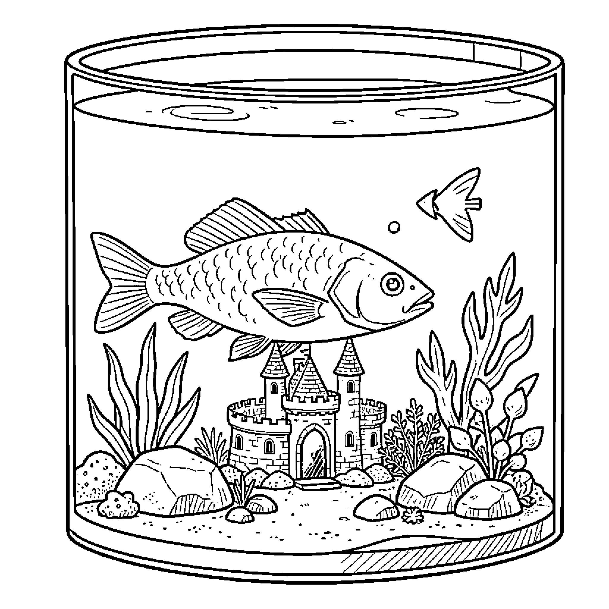 Fish swimming inside a castle themed fishbowl Coloring Page (free black-and-white line drawing printable PDF for all, from beginners to advanced learners, including children, teens, adults, and seniors)