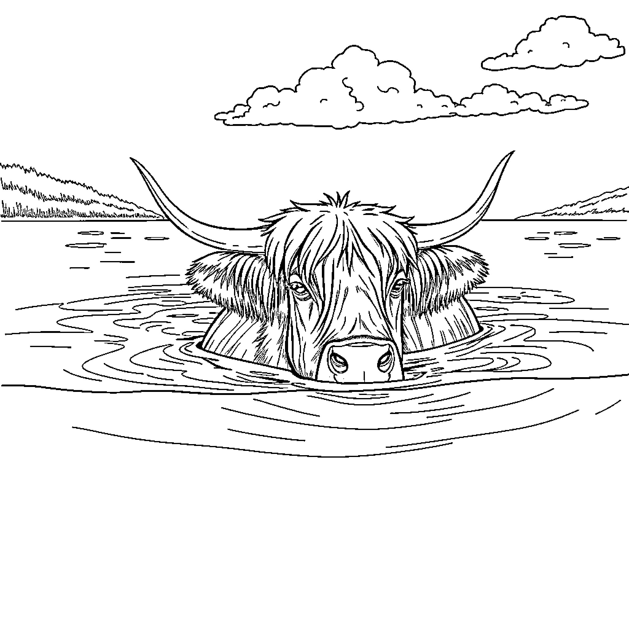 Highland Cow wading in tranquil waters Coloring Page (free black-and-white line drawing printable PDF for all, from beginners to advanced learners, including children, teens, adults, and seniors)