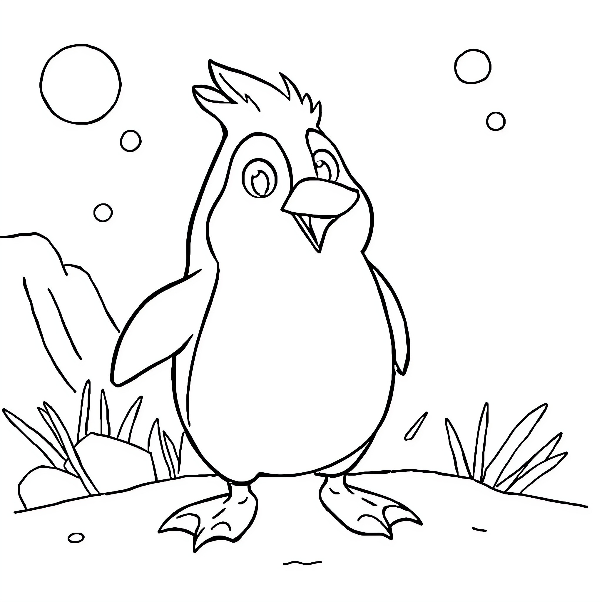 Plin Plin Playful Penguin in Peaceful Pond Coloring Page (free black-and-white line drawing printable PDF for all, from beginners to advanced learners, including children, teens, adults, and seniors)