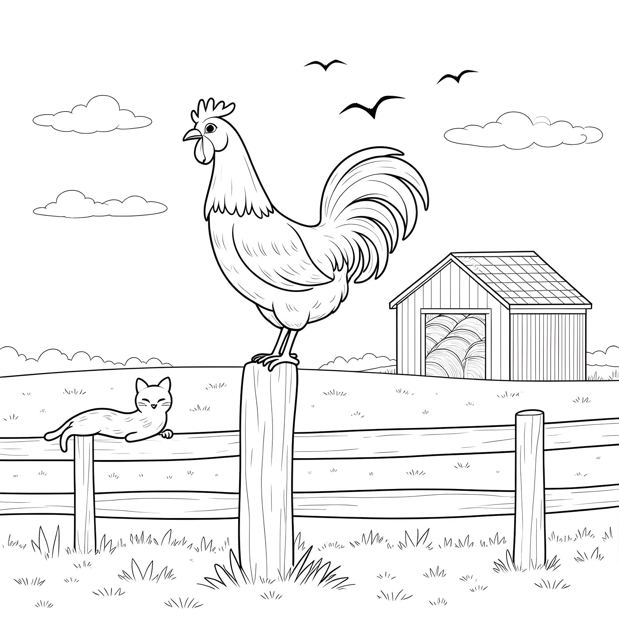 Rooster crowing on the farm with a cat Coloring Page (free black-and-white line drawing printable PDF for all, from beginners to advanced learners, including children, teens, adults, and seniors)